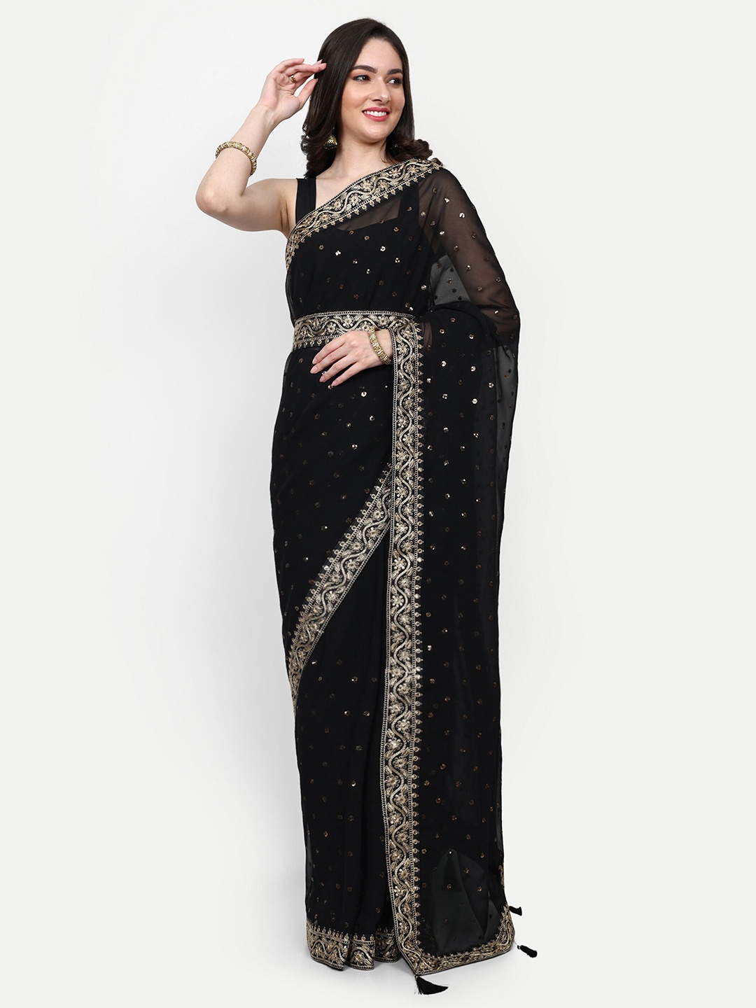 

DWIZA ENTERPRISE Embellished Sequined Pure Georgette Saree, Black