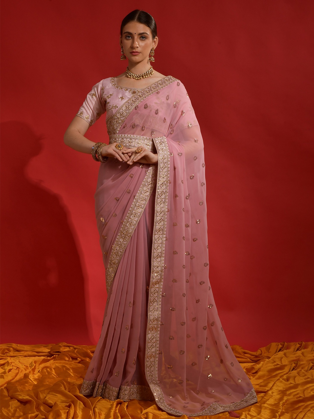 

DWIZA ENTERPRISE Ethnic Motifs Embroidered Sequined Pure Georgette Saree, Pink