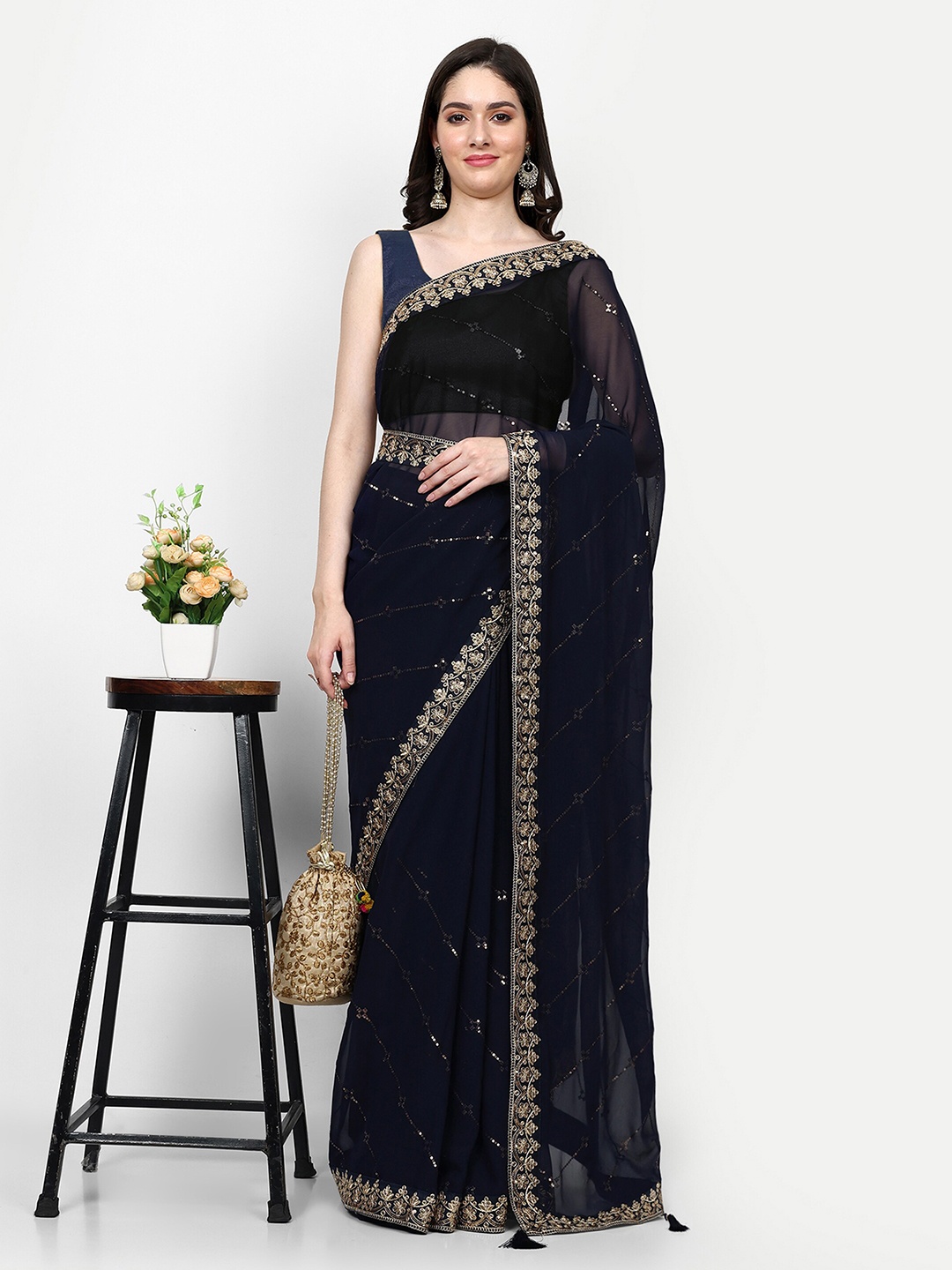 

DWIZA ENTERPRISE Embellished Sequined Pure Georgette Saree, Blue