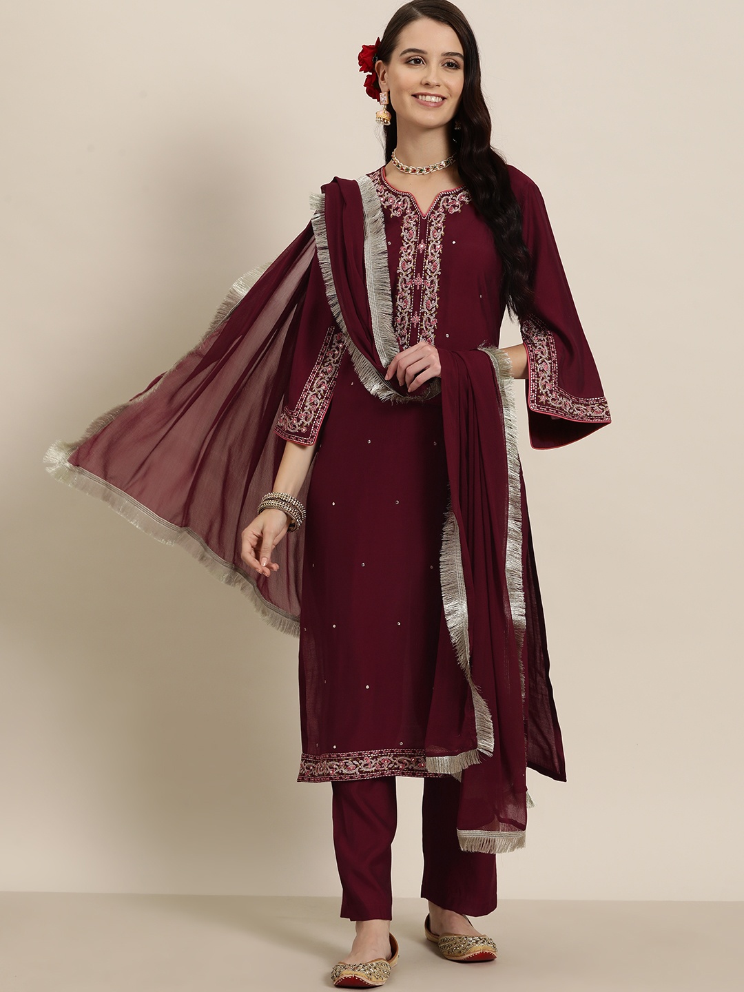 

HERE&NOW Women Ethnic Motifs Embroidered Regular Sequinned Kurta with Trousers & Dupatta, Maroon