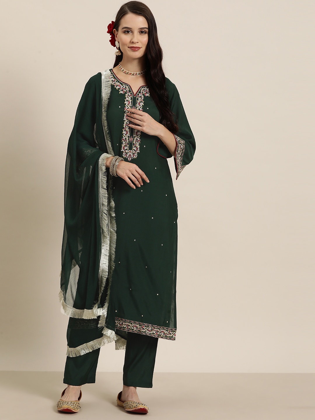 

HERE&NOW Women Ethnic Motifs Embroidered Regular Kurta with Trousers & Dupatta, Green