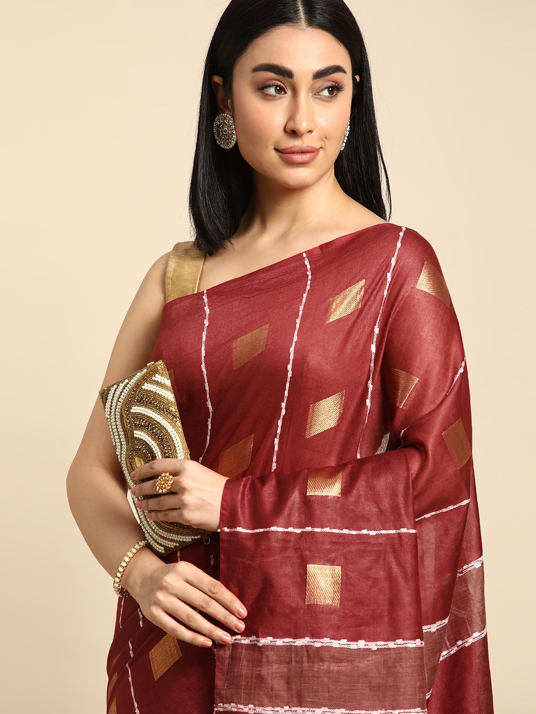 

swatika Zari Silk Blend Muga Saree, Brown