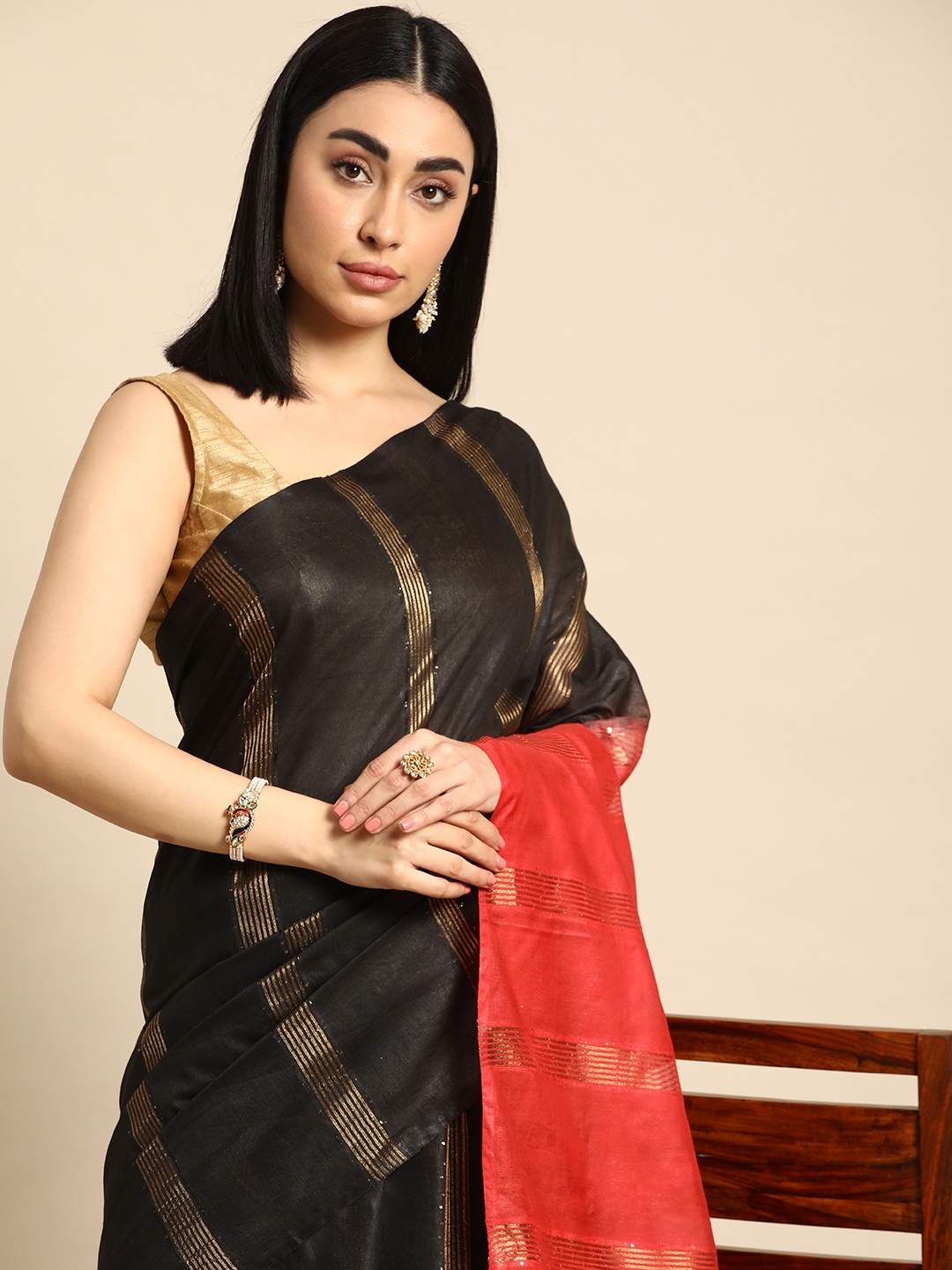 

swatika Striped Zari Silk Blend Muga Saree, Black