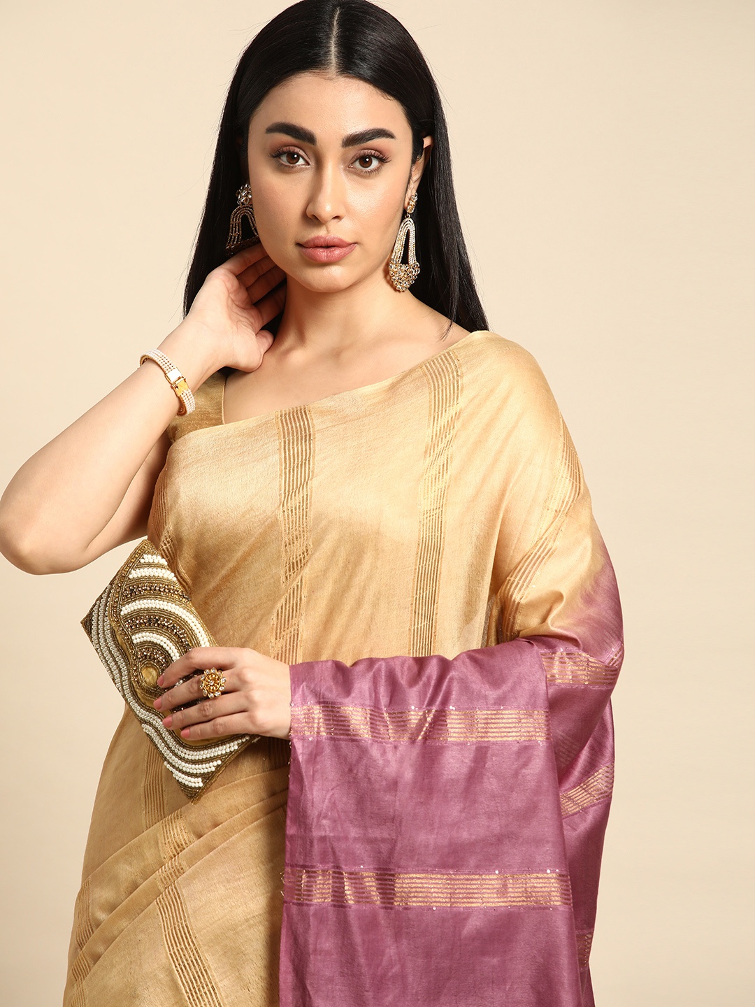 

swatika Striped Zari Silk Blend Muga Saree, Beige