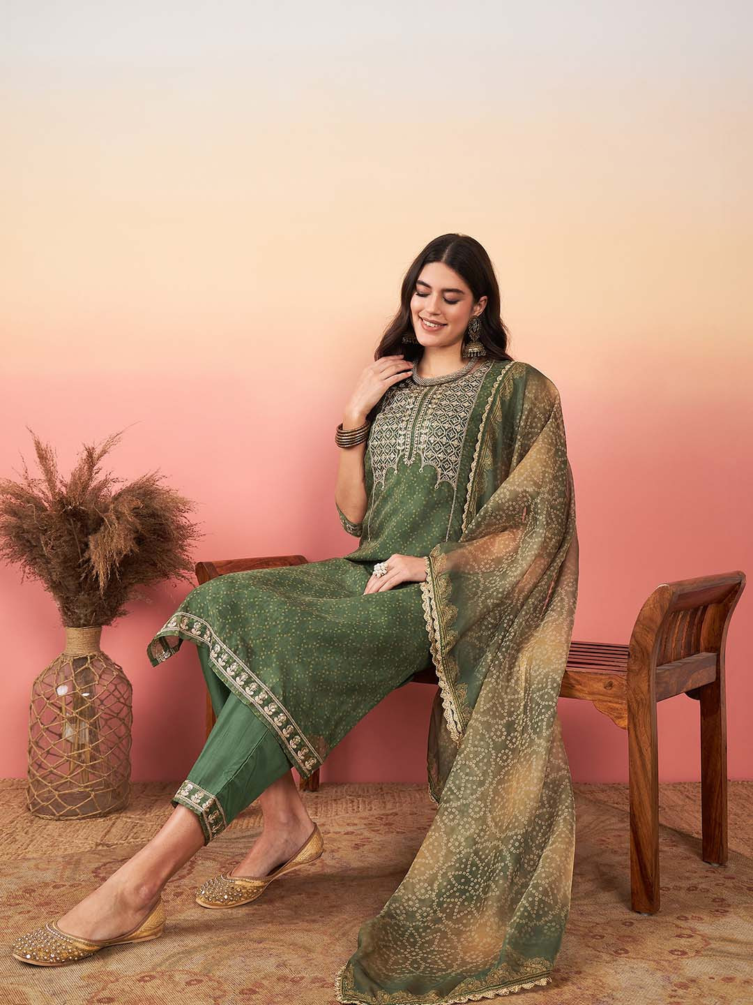 

Indo Era Women Ethnic Motifs Yoke Design Regular Sequinned Kurta with Trousers & Dupatta, Green