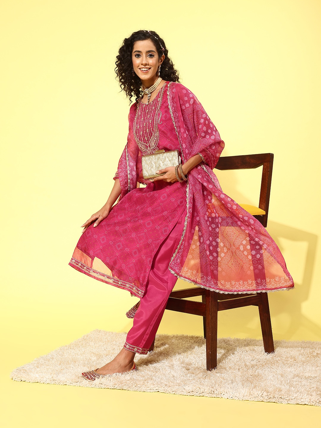 

Indo Era Women Ethnic Motifs Yoke Design Regular Sequinned Kurta with Trousers & Dupatta, Pink
