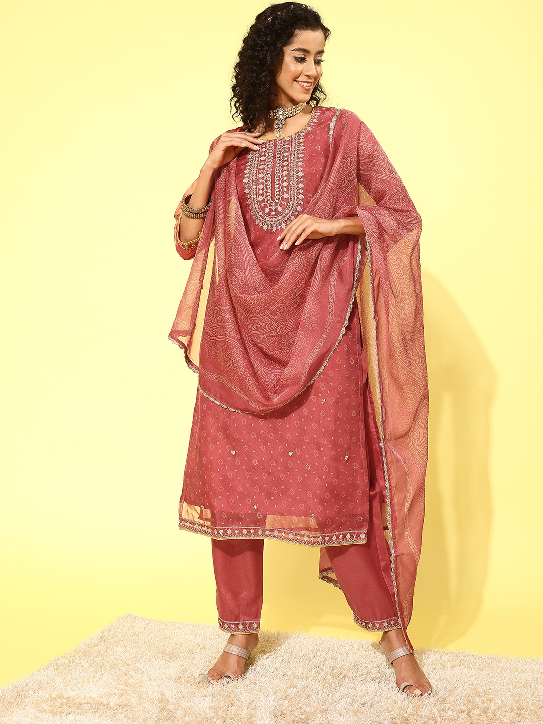 

Indo Era Women Ethnic Motifs Yoke Design Regular Sequinned Kurta with Trousers & Dupatta, Rust