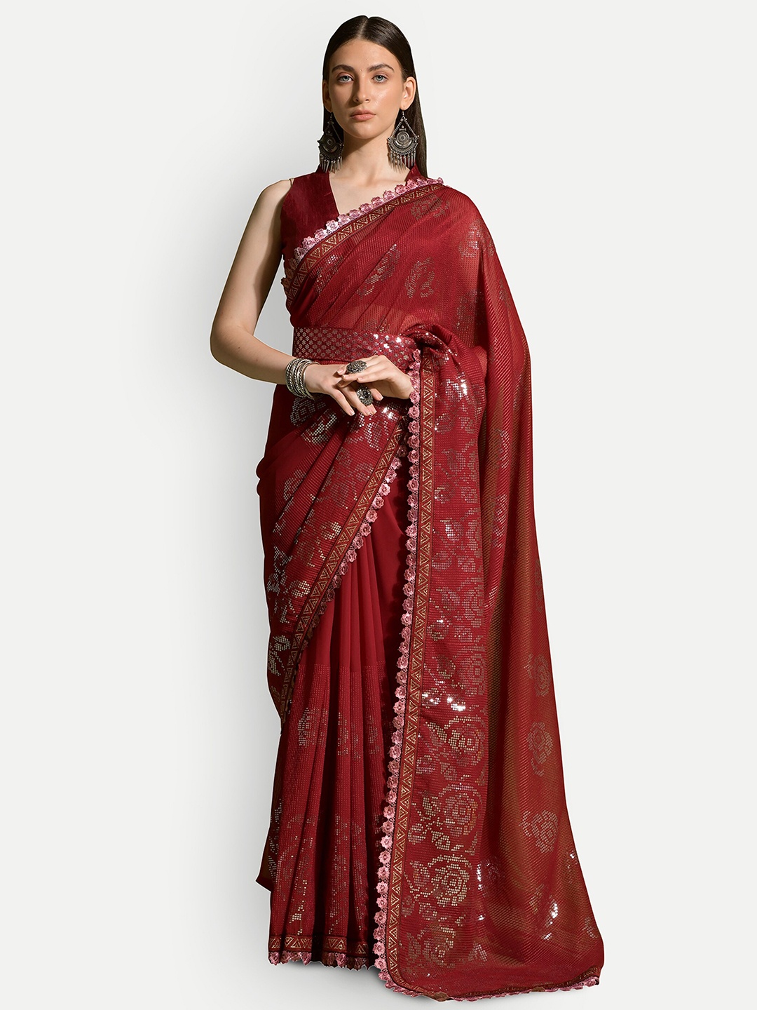 

DWIZA ENTERPRISE Embellished Sequined Pure Georgette Saree, Maroon