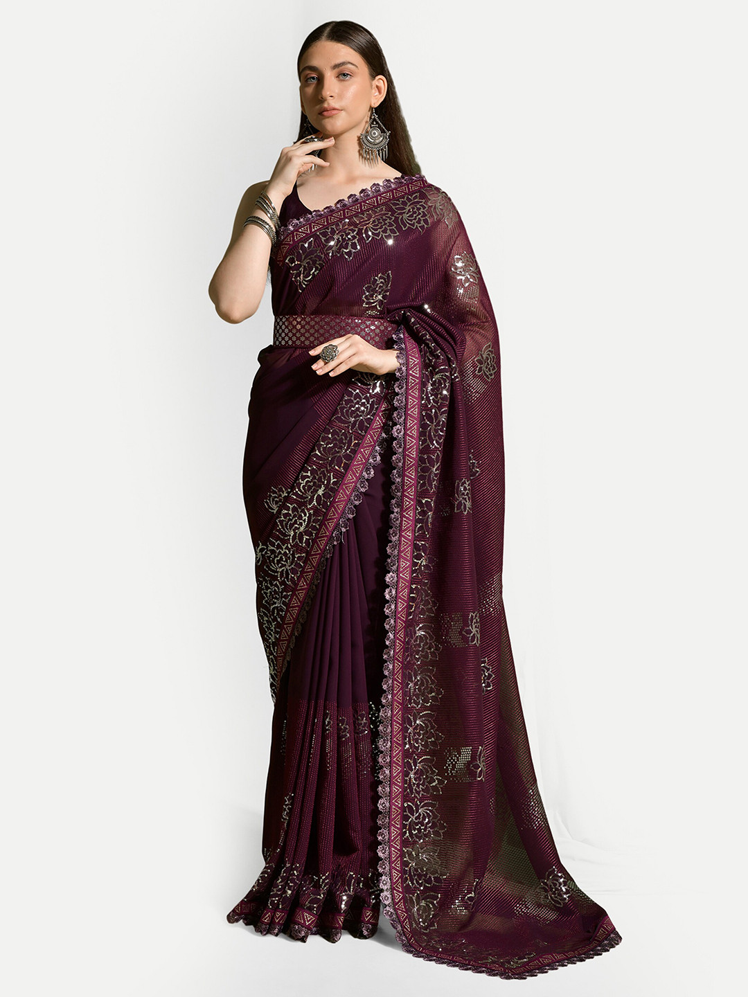 

DWIZA ENTERPRISE Embellished Sequined Pure Georgette Saree, Maroon