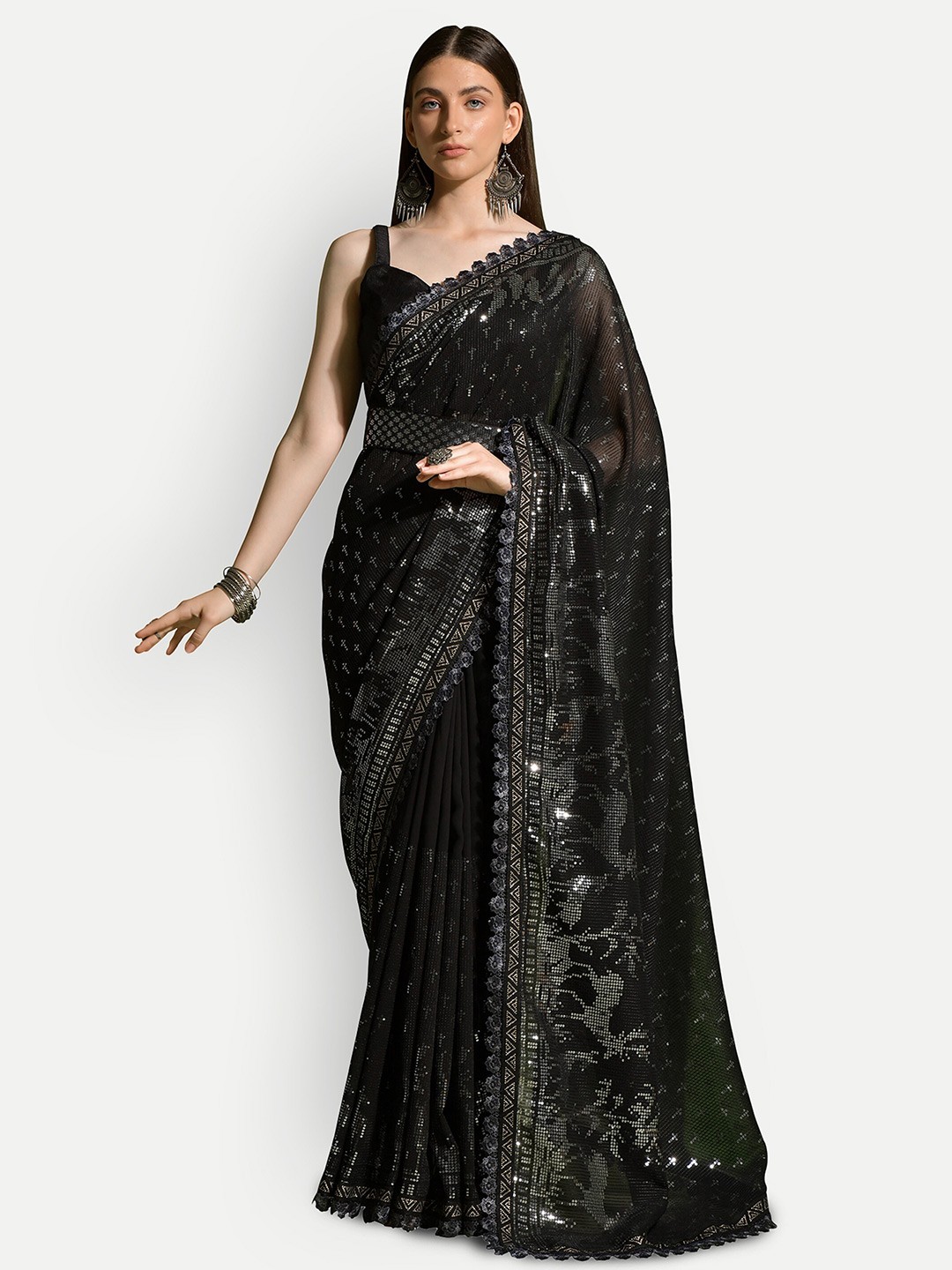 

DWIZA ENTERPRISE Embellished Sequined Pure Georgette Saree, Black