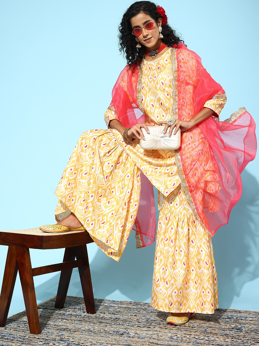 

Indo Era Women Ethnic Motifs Printed Regular Kurta with Sharara & Dupatta, Yellow