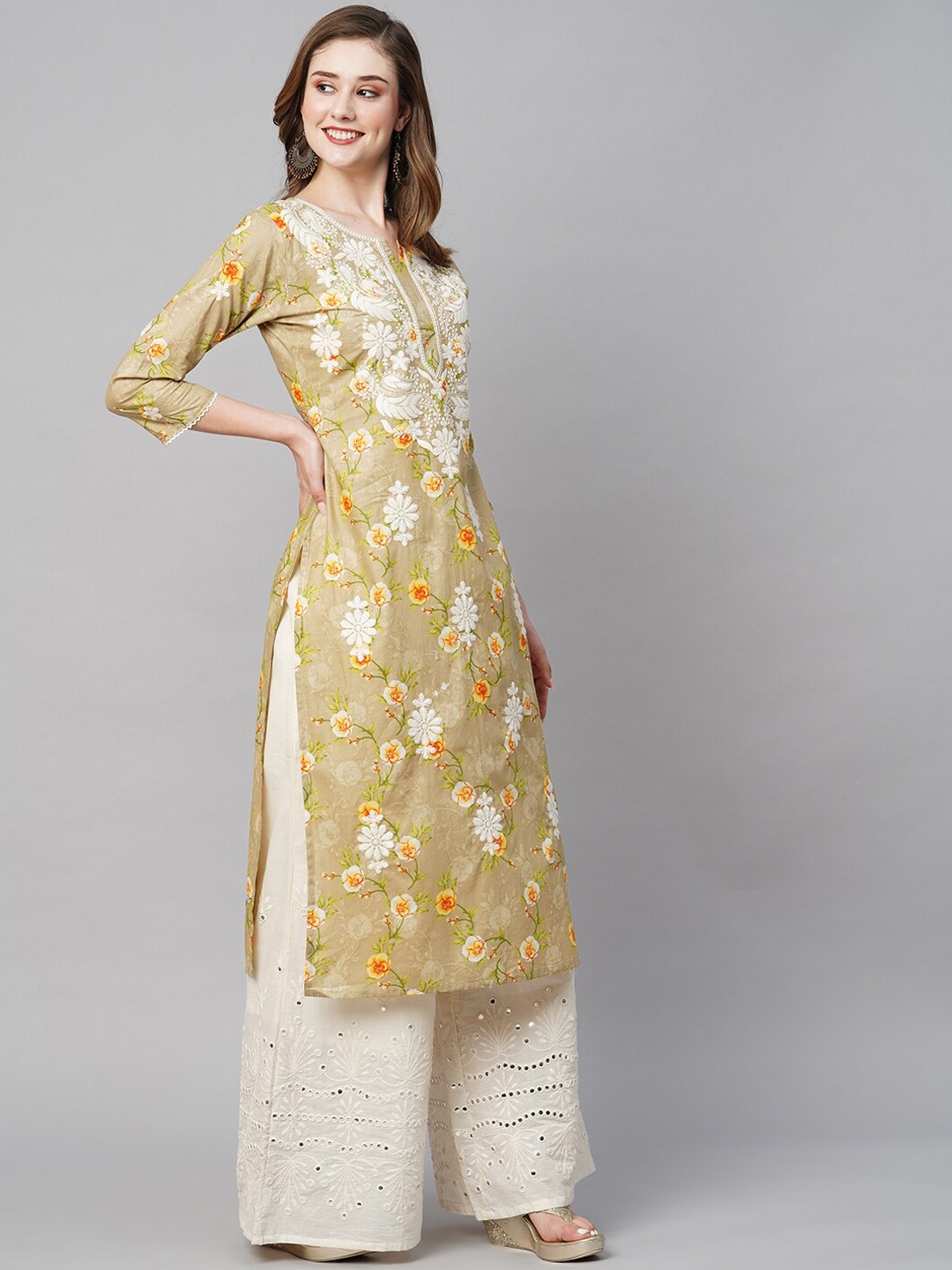 

RATAN Floral Printed Cotton Thread Work Kurta, Beige