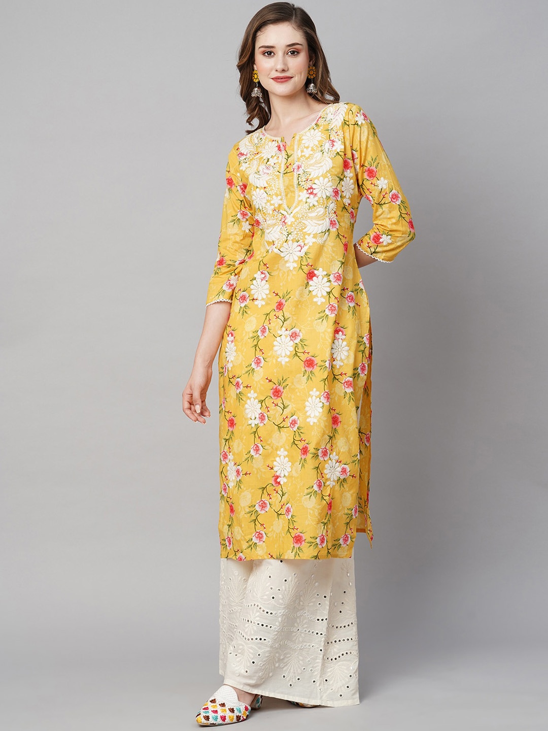 

RATAN Floral Printed Cotton Thread Work Kurta, Yellow