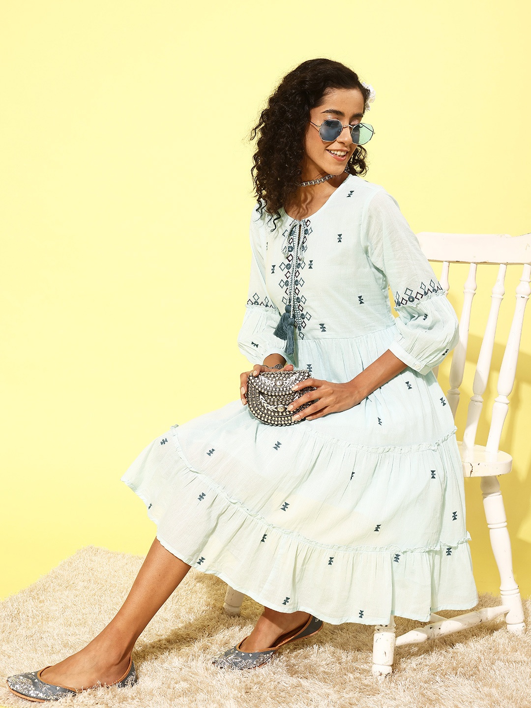 

Indo Era Embroidered Tie-Up Neck Bell Sleeves Tiered A-Line Dress, Green