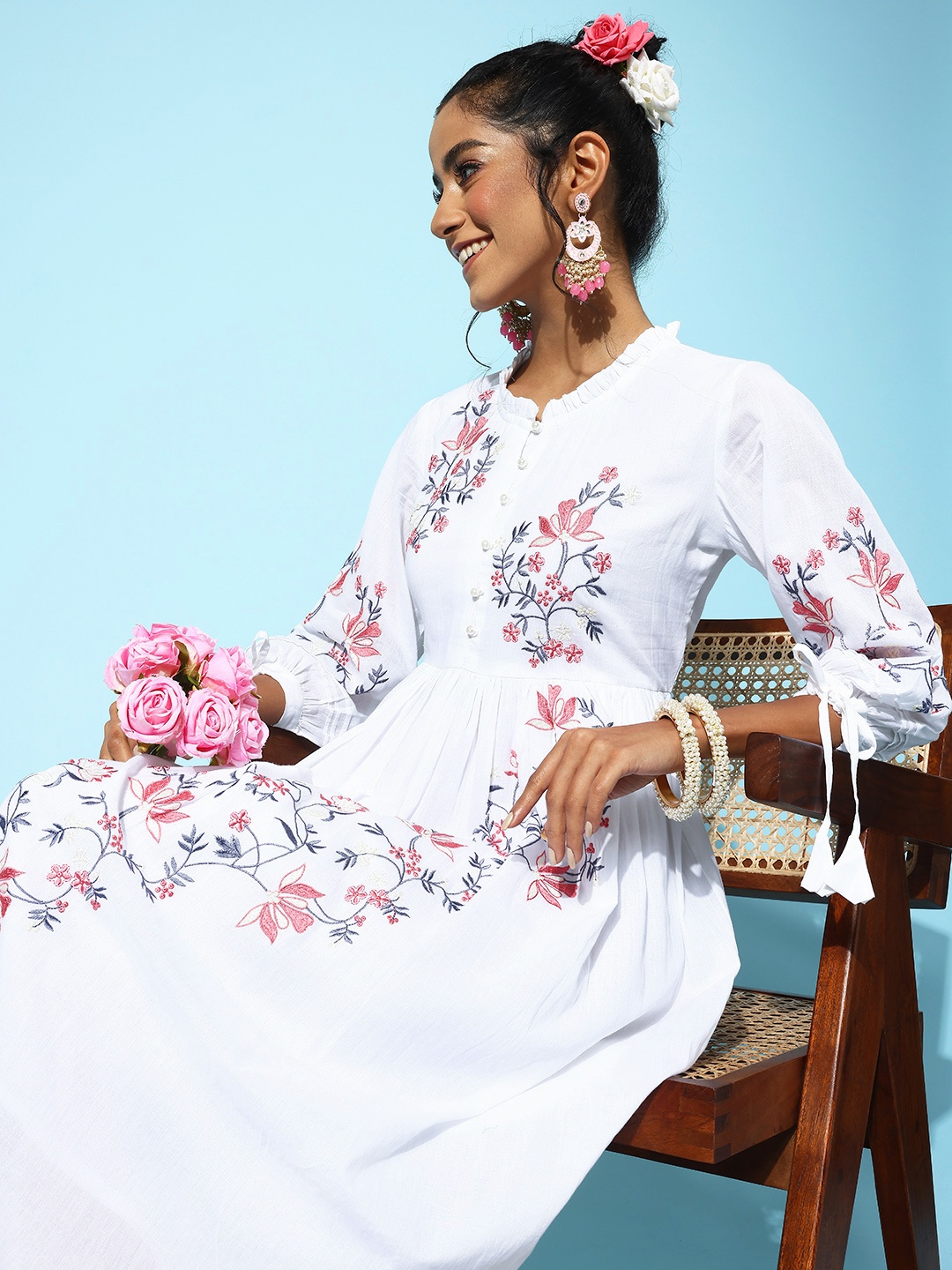 

Indo Era Floral Embroidered Puff Sleeve A-Line Maxi Dress, White