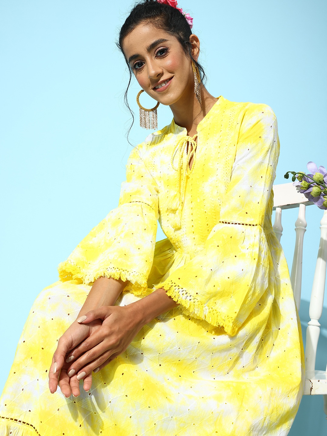 

Indo Era Floral Dyed Layered Cotton A-Line Maxi Dress, Yellow
