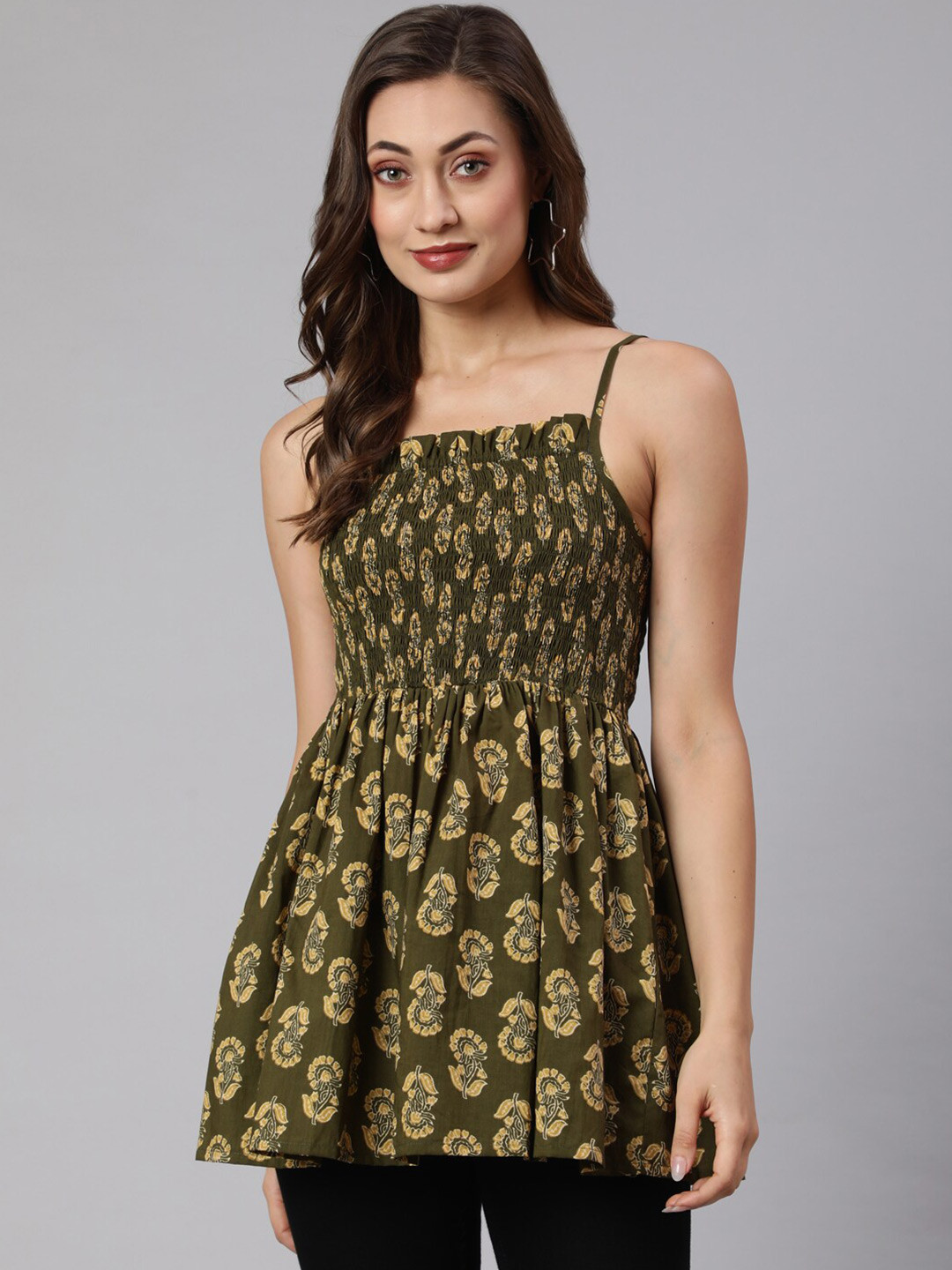 

Jaipur Kurti Ethnic Motifs Printed Cotton Smocked Peplum Top, Green