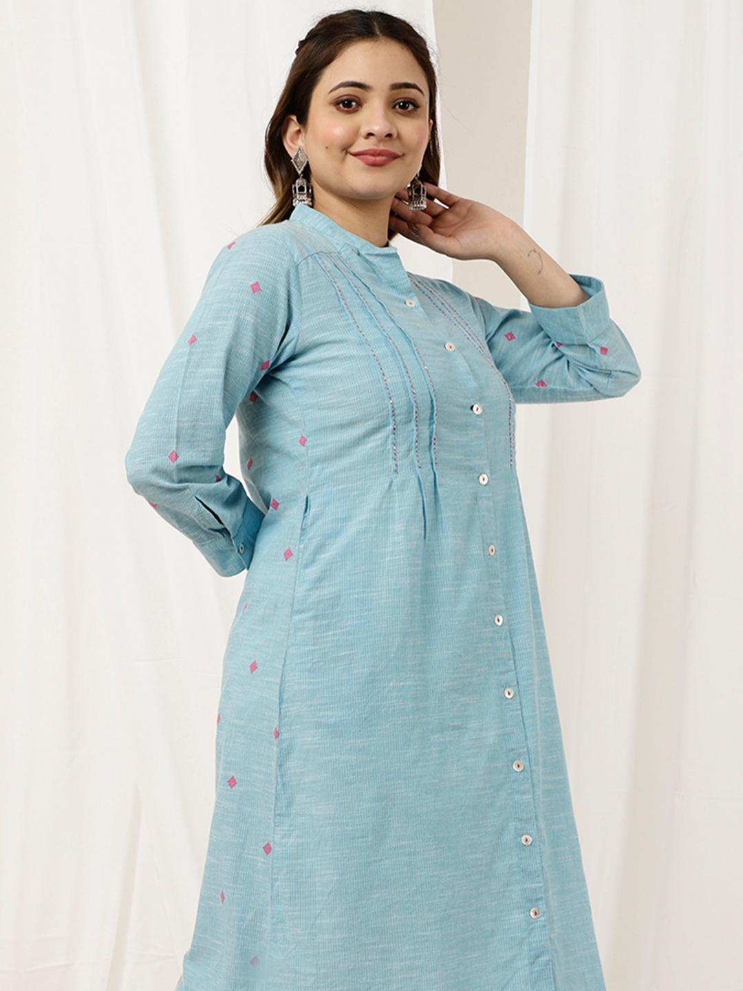 Jaipur Kurti Women Blue Checked Flared Sleeves Mirror Work Kurta