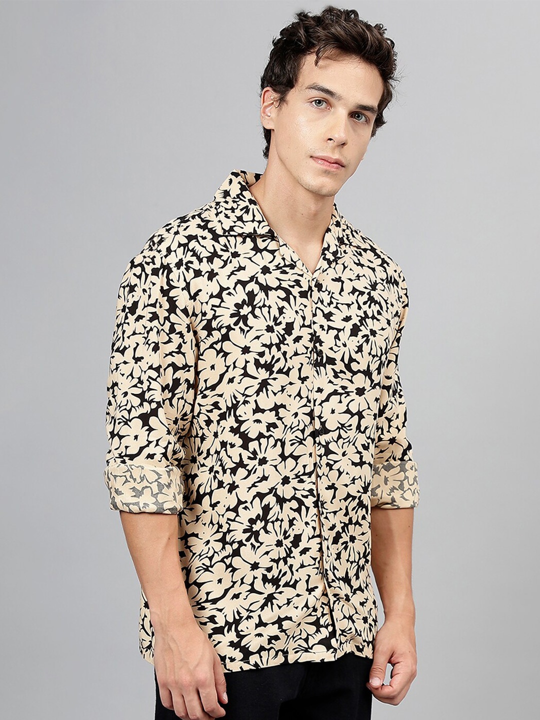 

Hancock Men Floral Printed Cuban Collar Relaxed Fit Casual Shirt, Beige