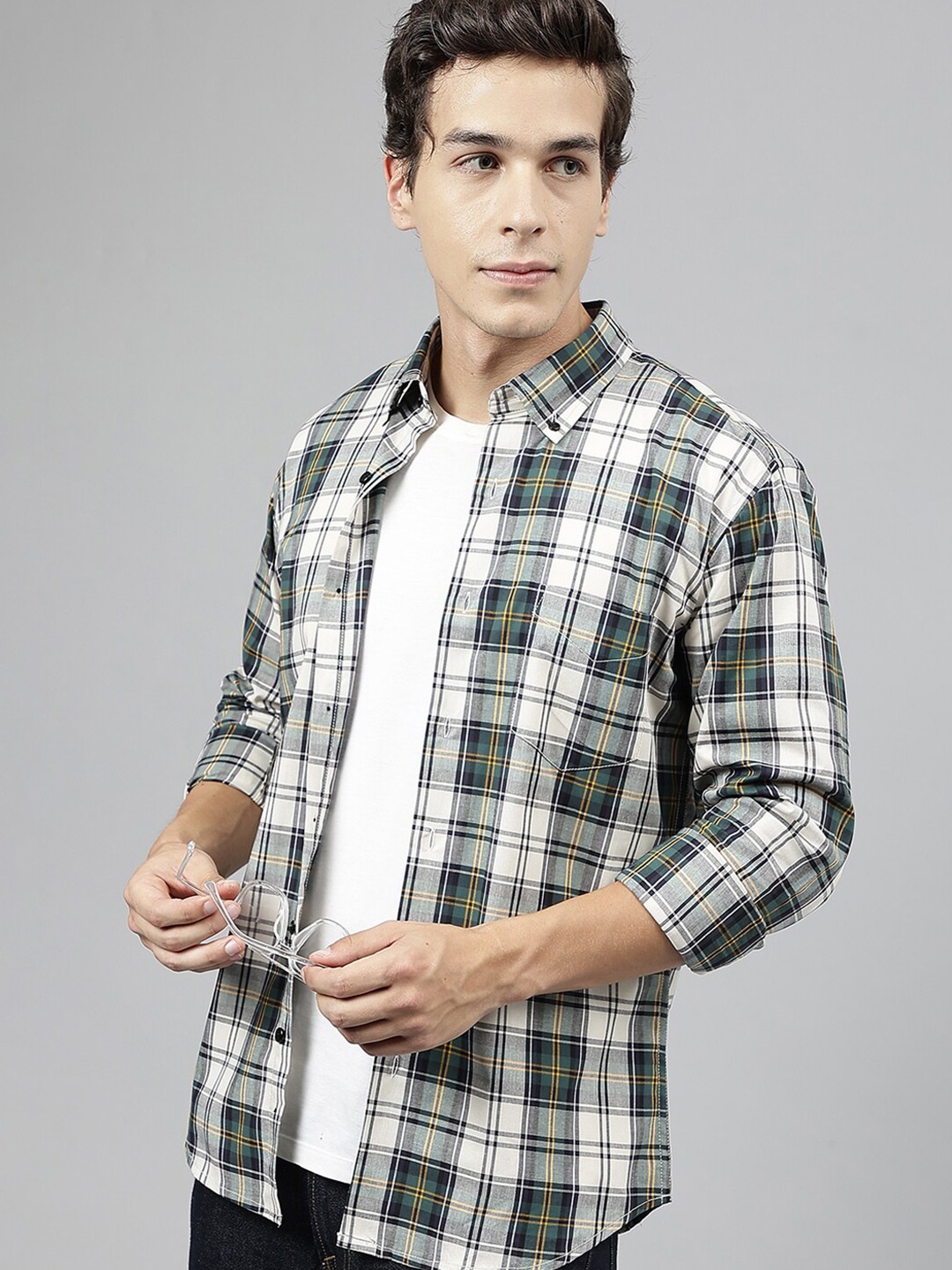 

Hancock Standard Slim Fit Checked Button-Down Collar Pure Cotton Casual Shirt, Green