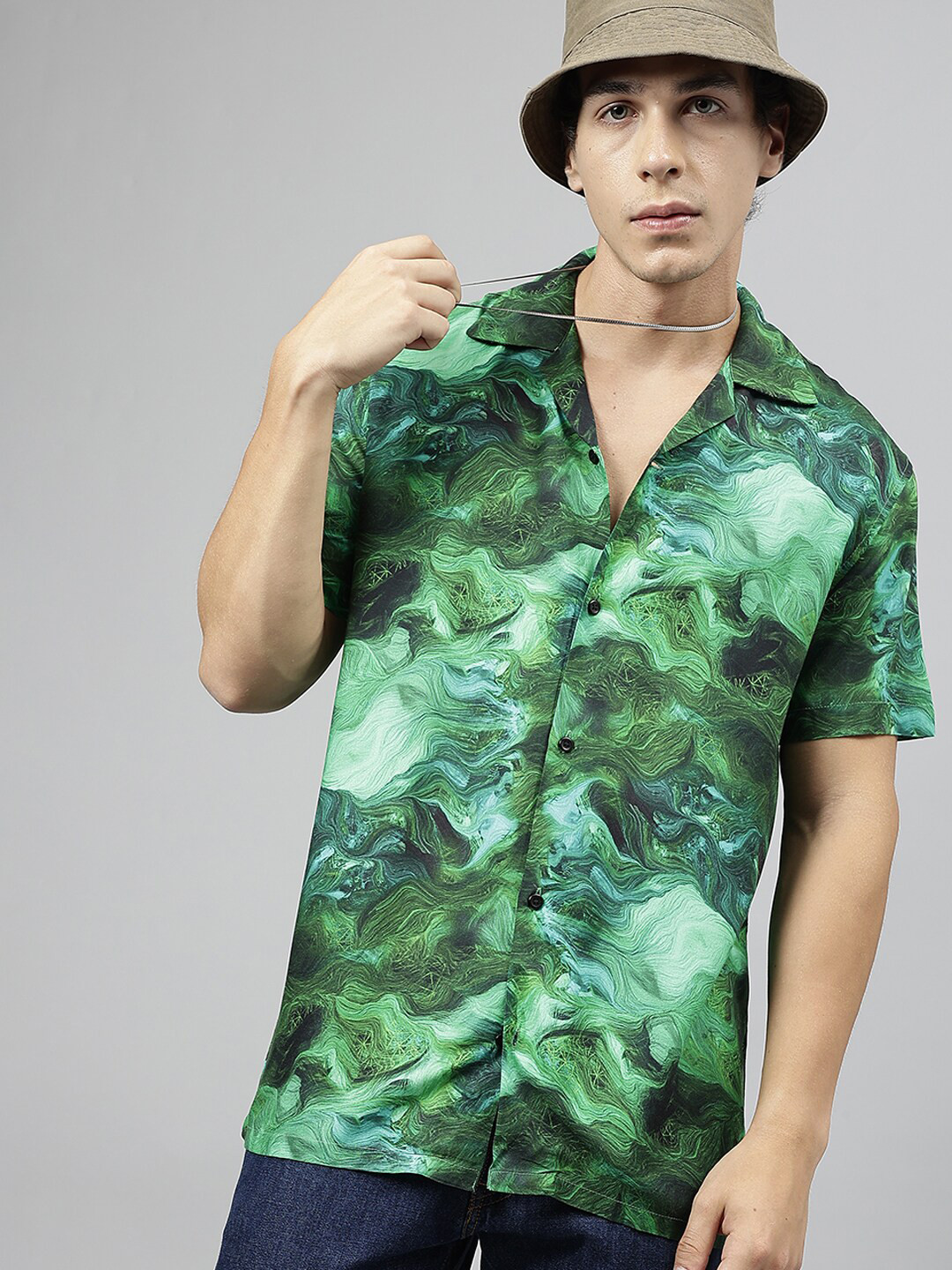 

Hancock Standard Abstract Printed Cuban Collar Casual Shirt, Green