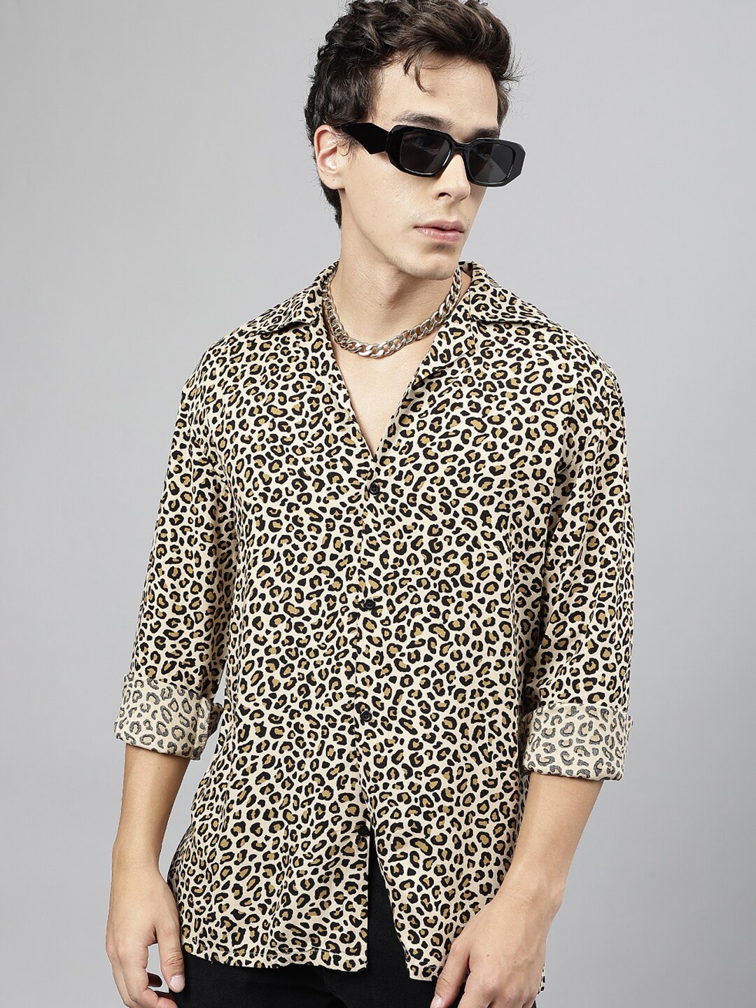 

Hancock Standard Animal Printed Cuban Collar Casual Shirt, Beige