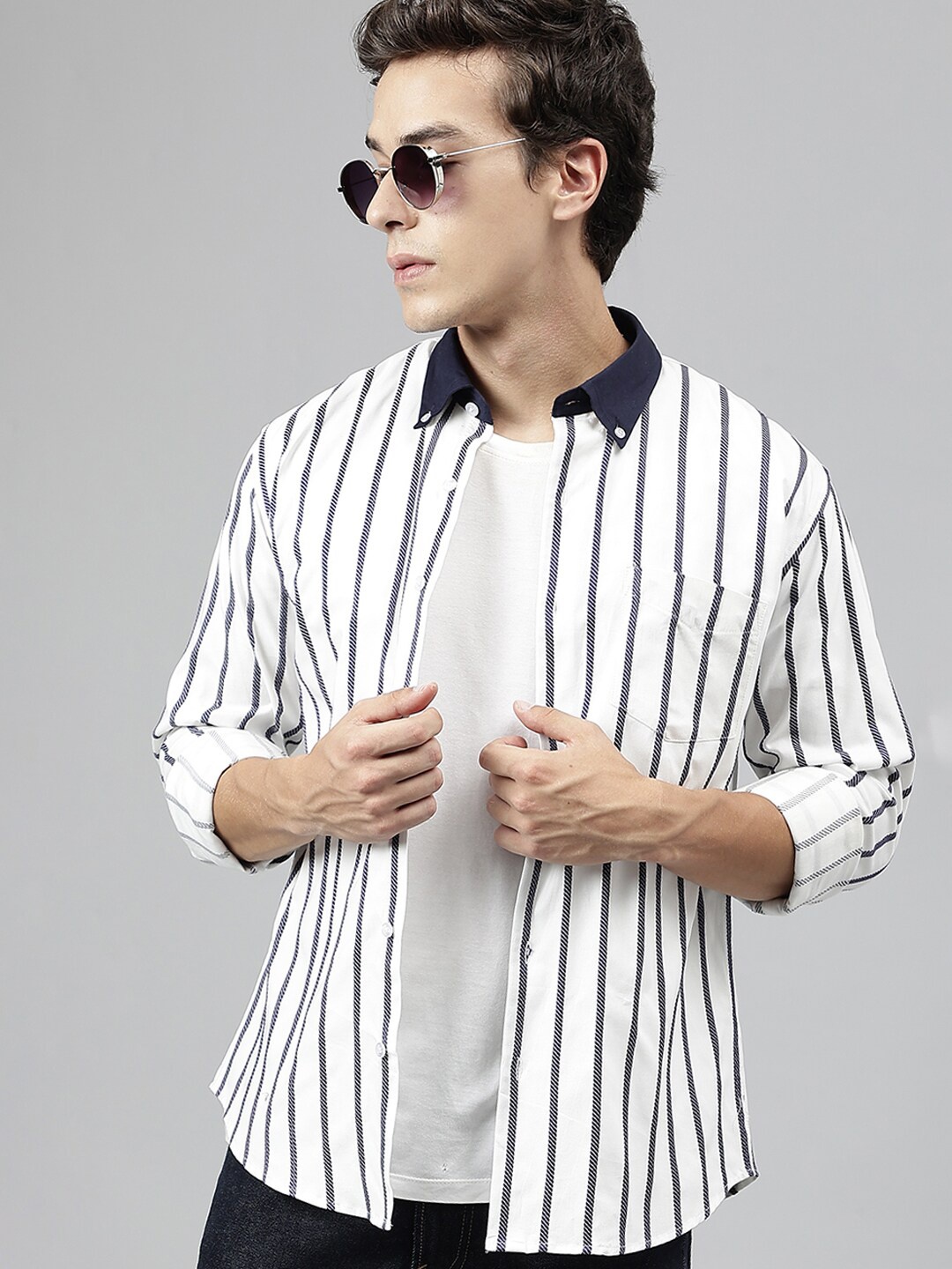 

Hancock Standard Slim Fit Striped Pure Cotton Casual Shirt, White