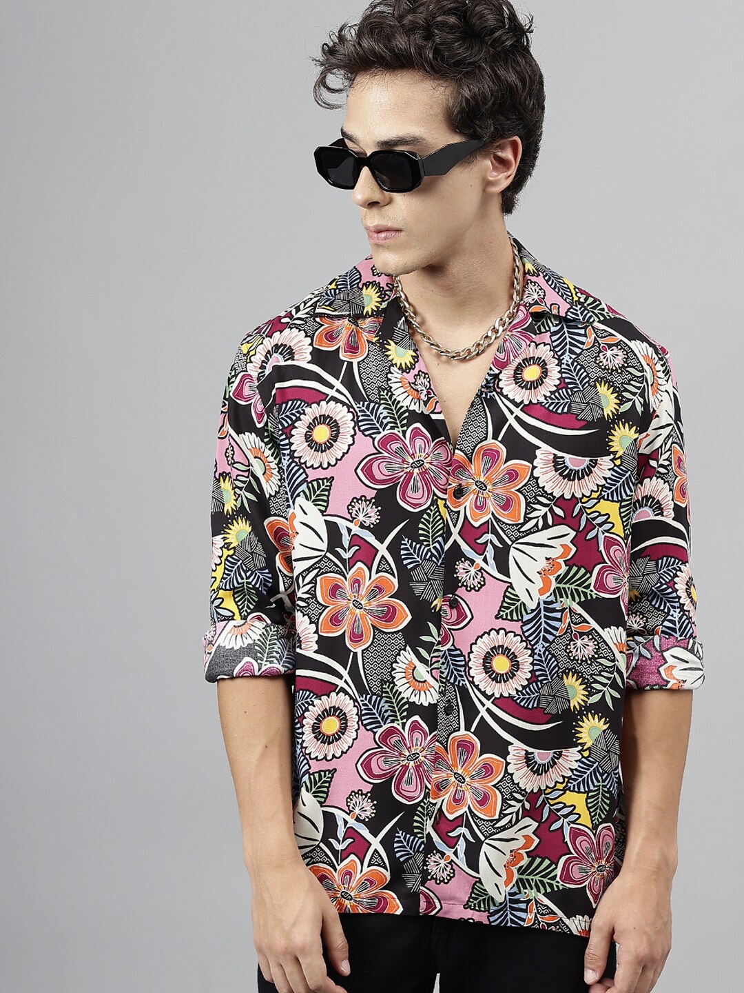 

Hancock Men Floral Printed Relaxed Fit Casual Resort Shirt, Black