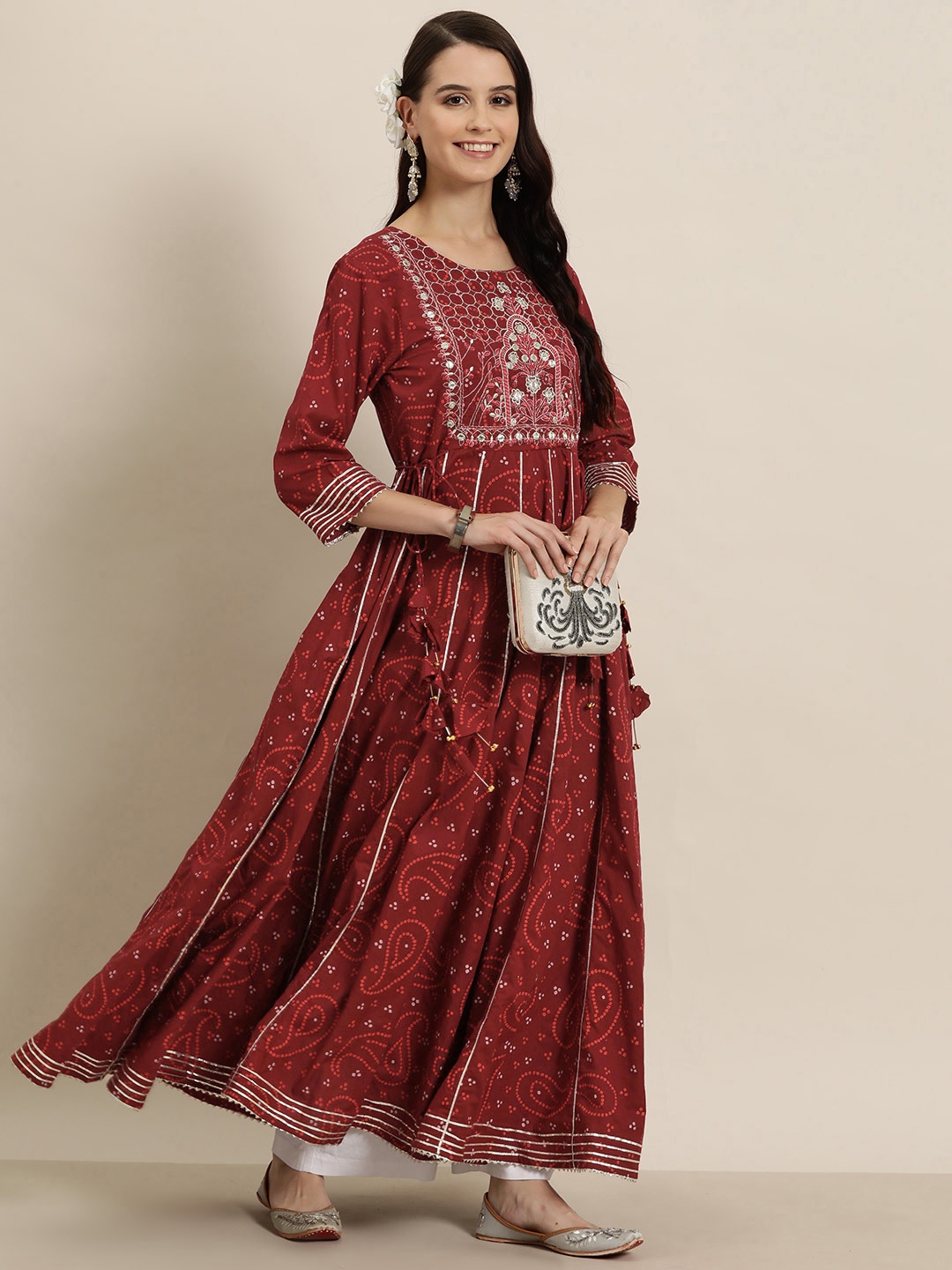 

HERE&NOW Women Bandhani Printed Mirror Work Anarkali Kurta, Maroon