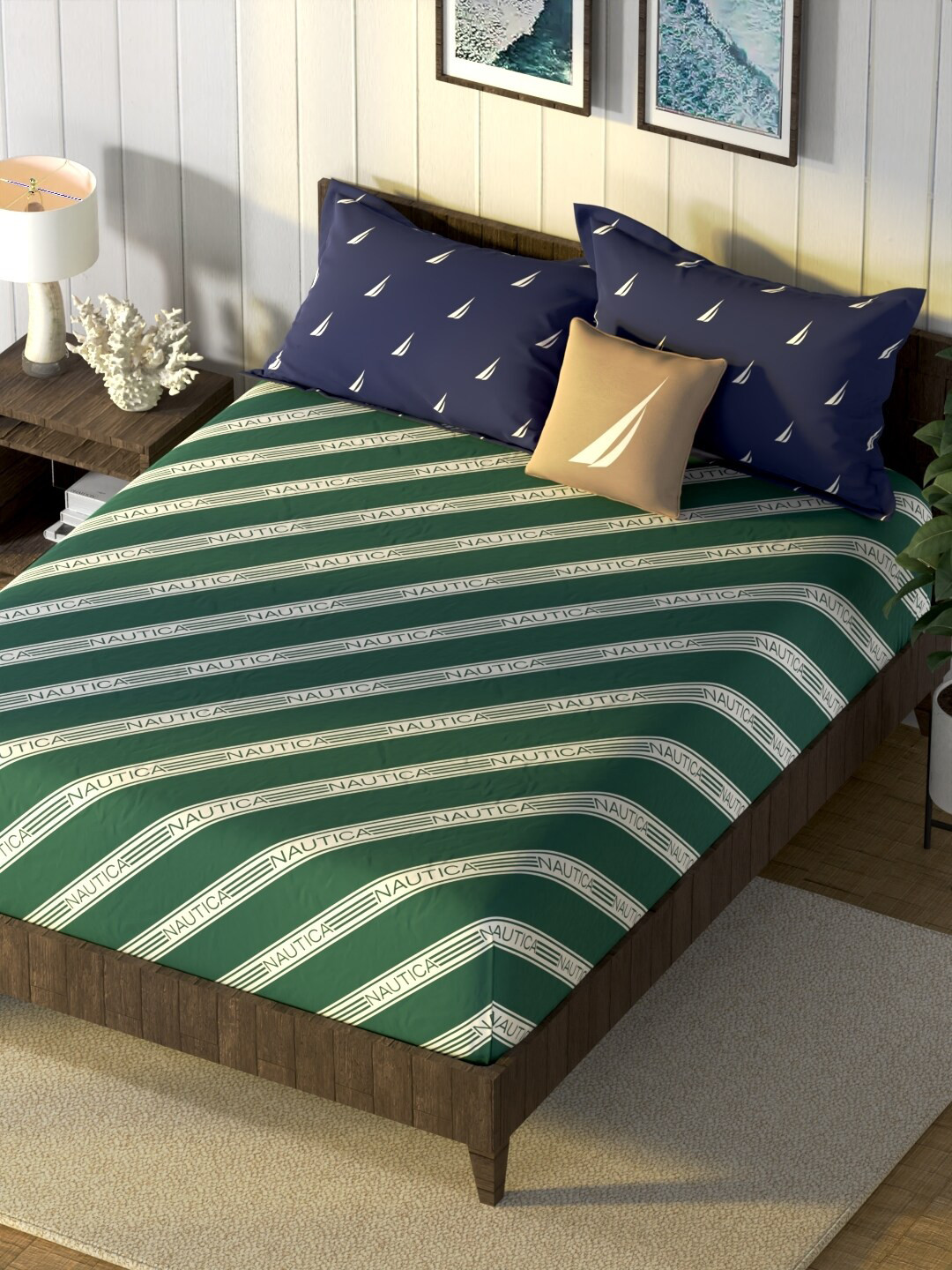 

Nautica Noridge Green & White Striped Pure Cotton 160 TC King Bedsheet & 2 Pillow Covers
