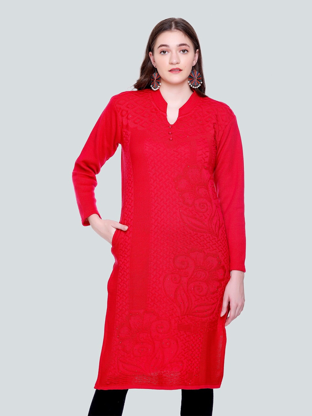 

TYSORT Women Red Floral Embroidered Kurta