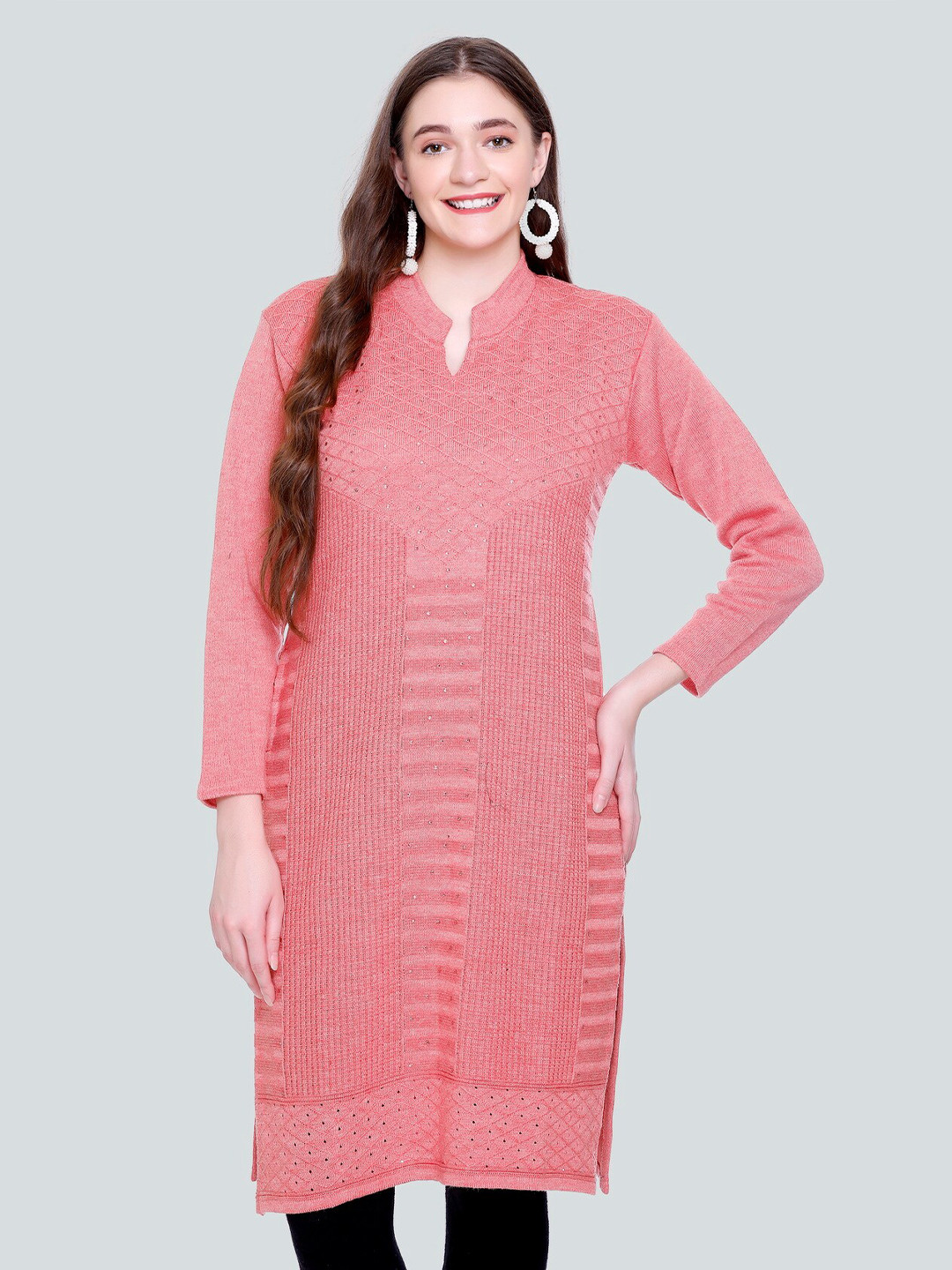 

TYSORT Geometric Woven Design Mandarin Collar Acrylic Straight Kurta, Pink