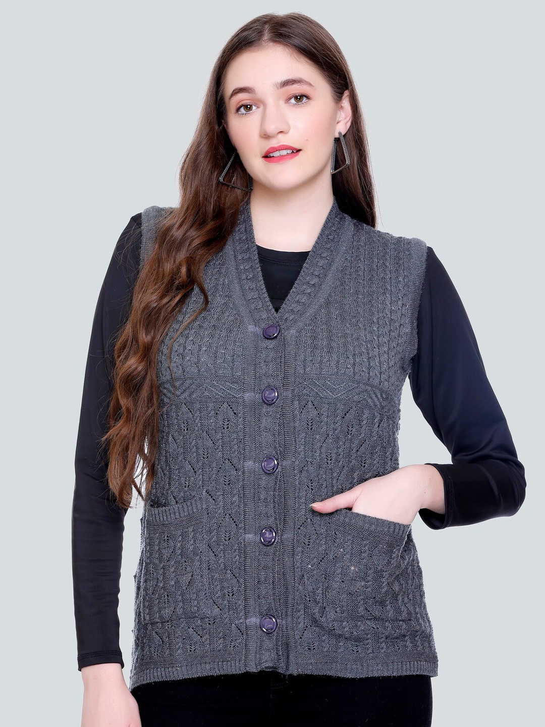 

TYSORT Cable Knit Self Design Woolen Cardigan Sweater, Grey