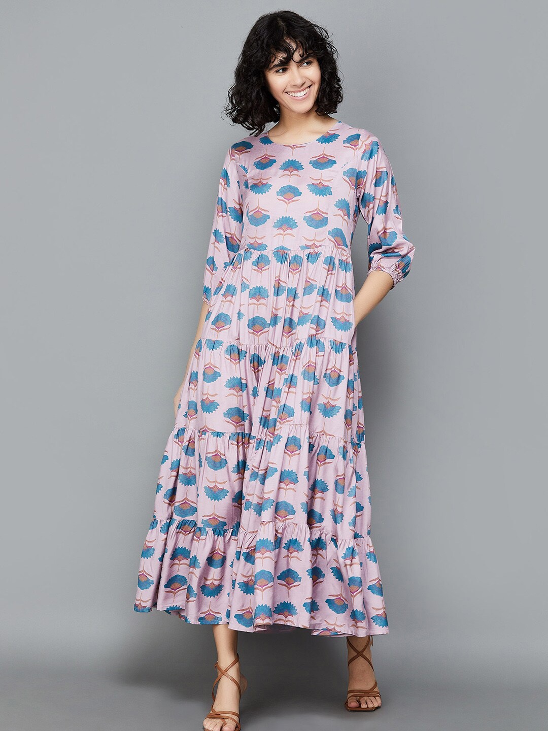 

Colour Me by Melange Floral Printed Puff Sleeves Layered A-Line Midi Dress, Purple
