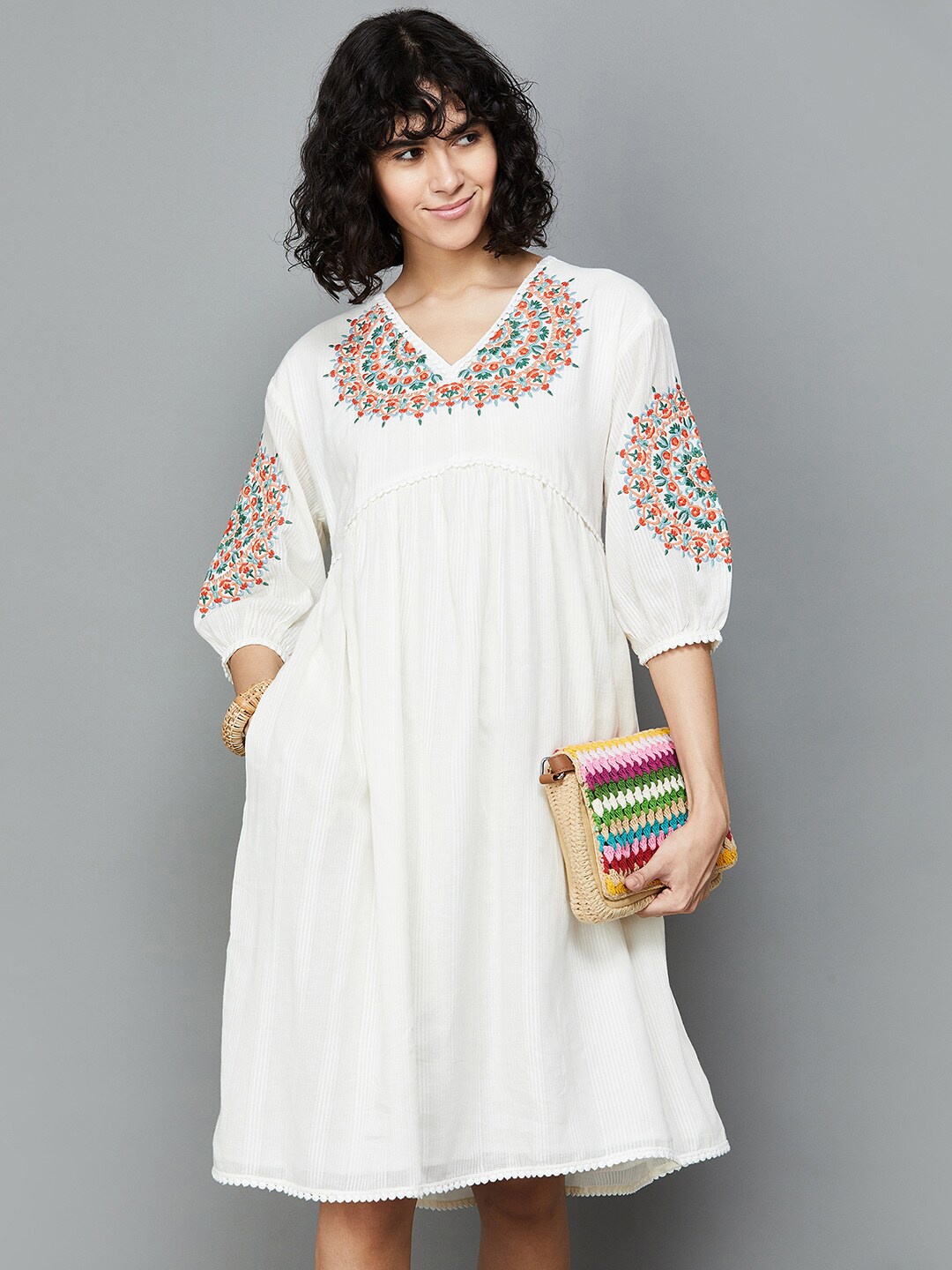 

Colour Me by Melange Floral Embroidered Puff Sleeves Gathered Cotton Empire Dress, Off white