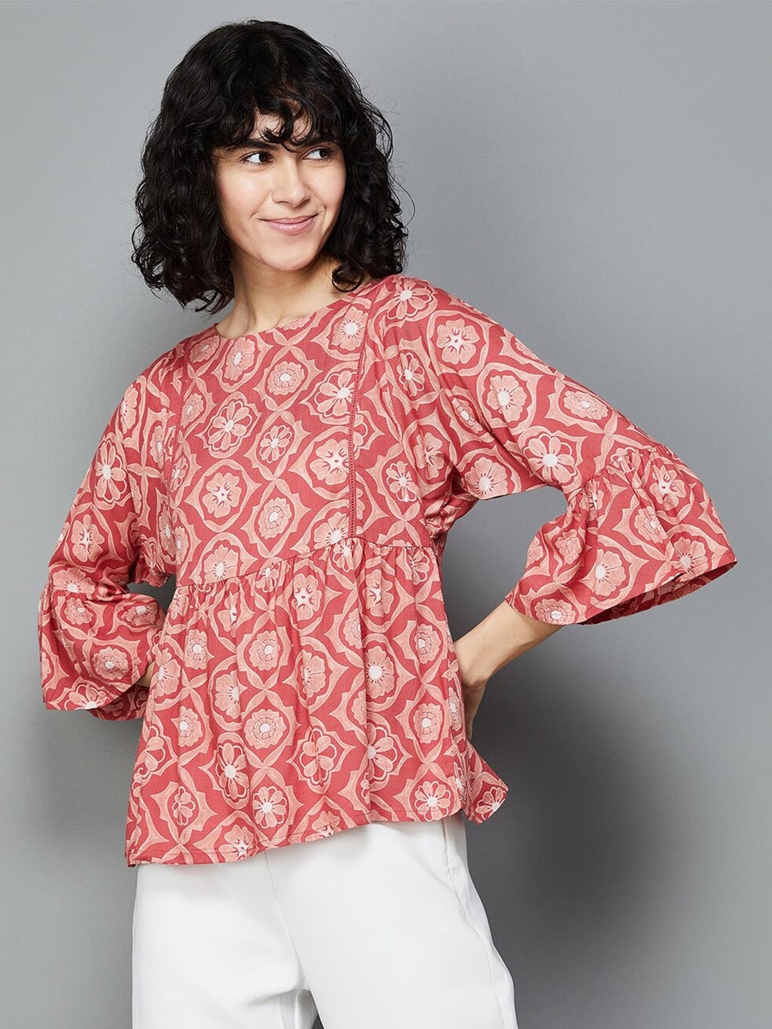 

Colour Me by Melange Floral Printed Bell Sleeve Top, Rust