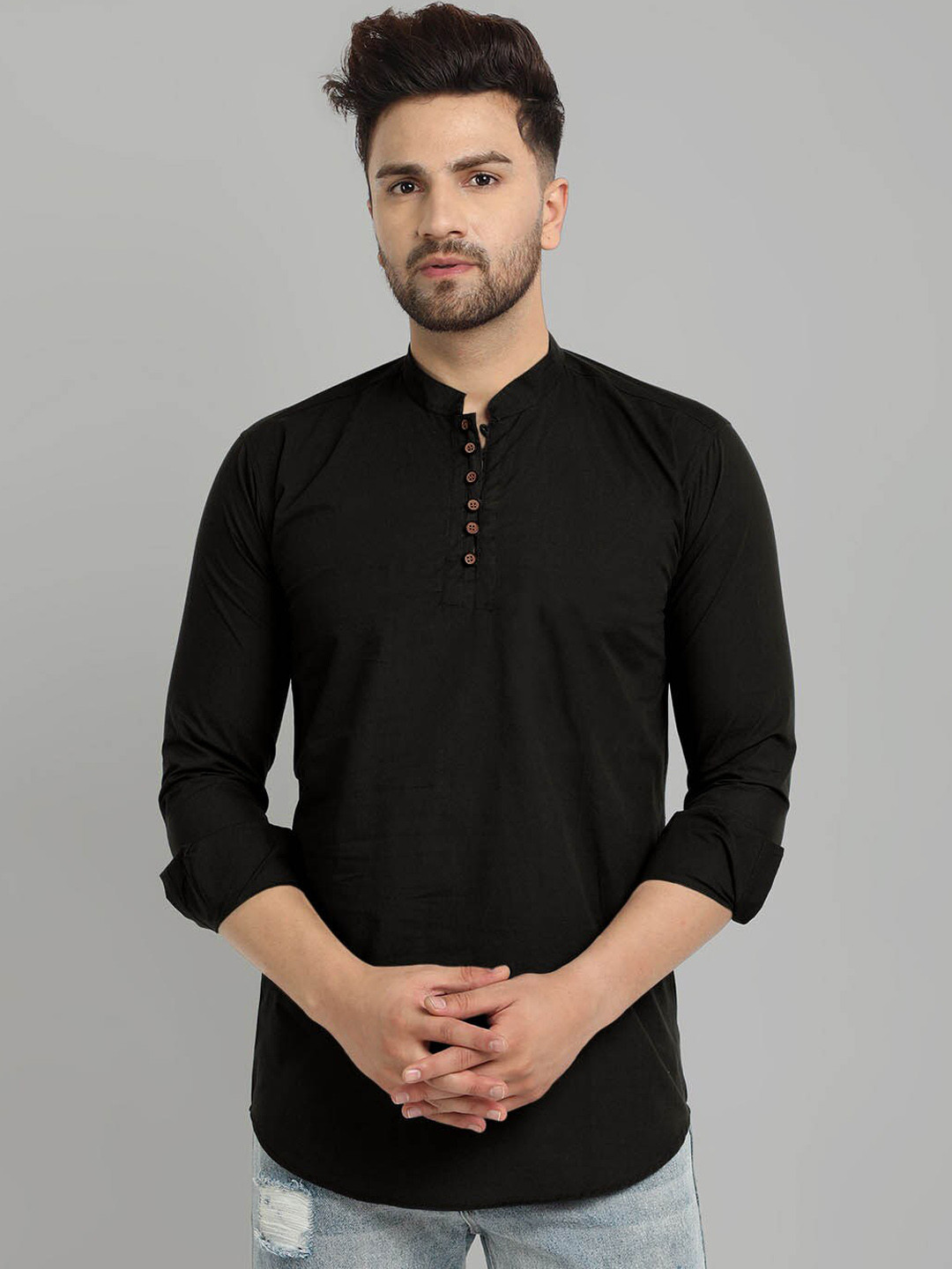 

FINIVO FASHION Mandarin Collar Cotton Short Kurta, Black