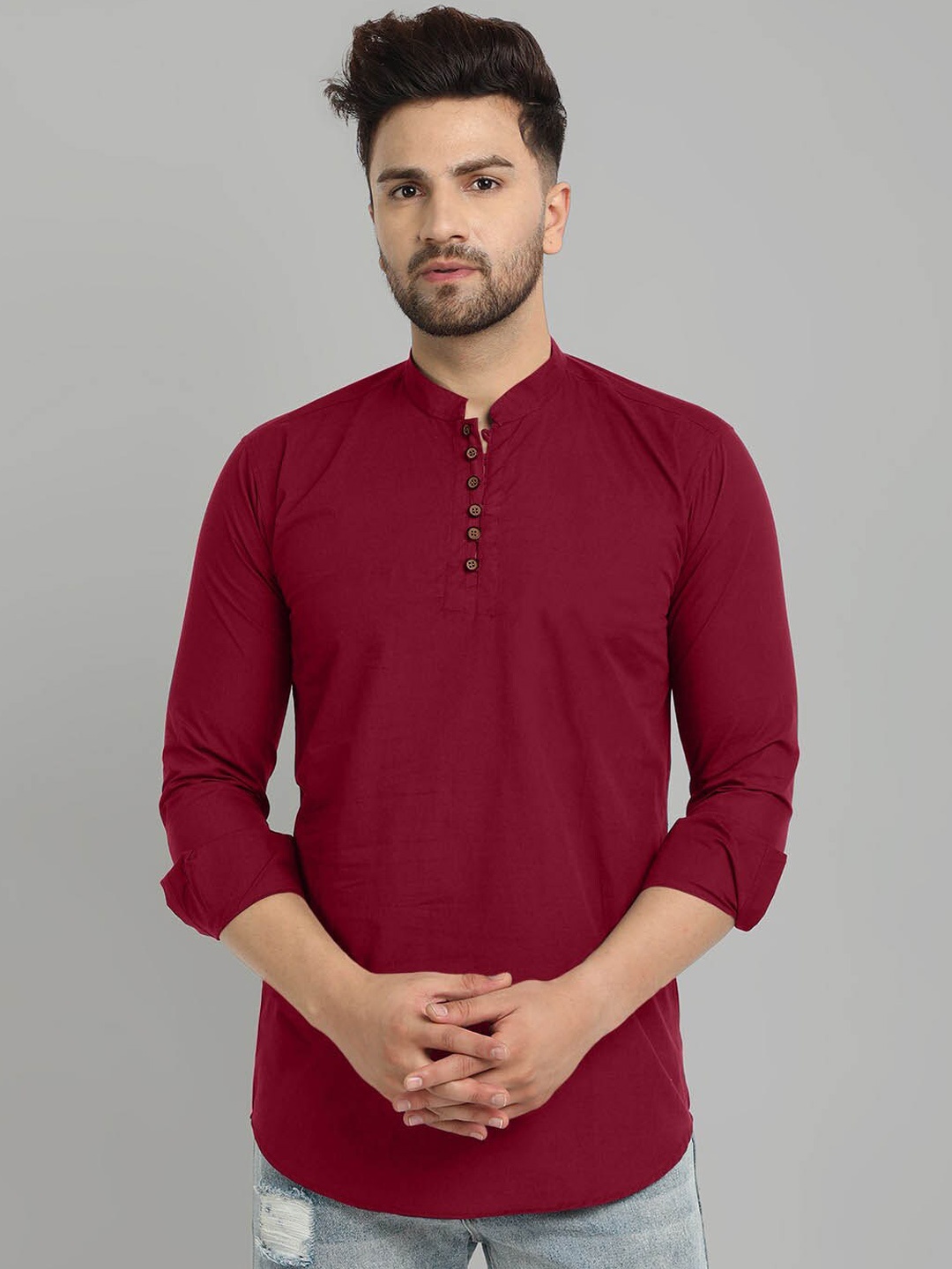 

FINIVO FASHION Mandarin Collar Cotton Short Kurta, Maroon