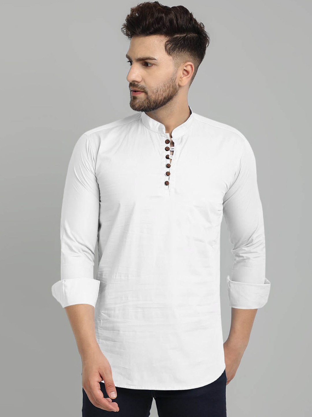 

FINIVO FASHION Mandarin Collar Cotton Short Kurta, White