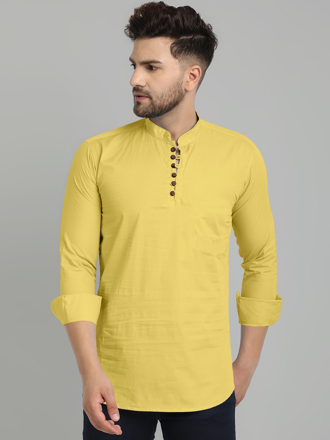 

FINIVO FASHION Mandarin Collar Cotton Short Kurta, Yellow
