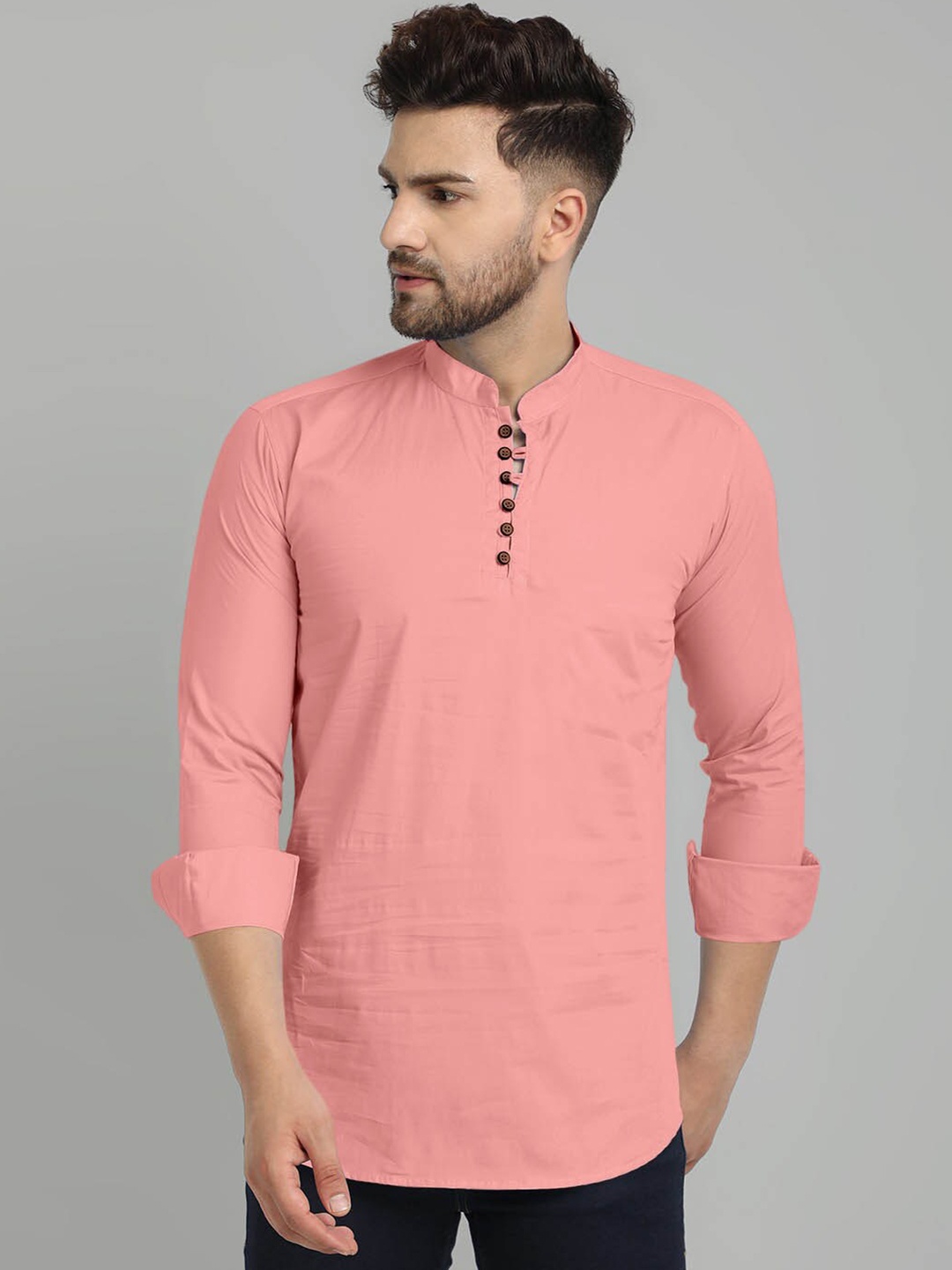 

FINIVO FASHION Mandarin Collar Roll-Up Sleeves Kurta, Peach