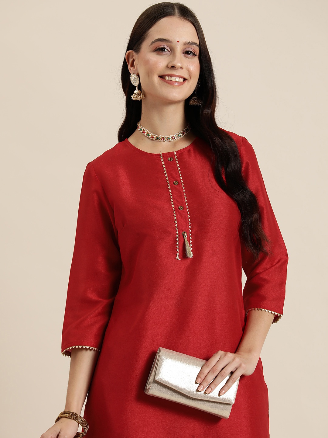 

HERE&NOW Women Solid Regular Gotta Patti Kurta with Trousers, Red