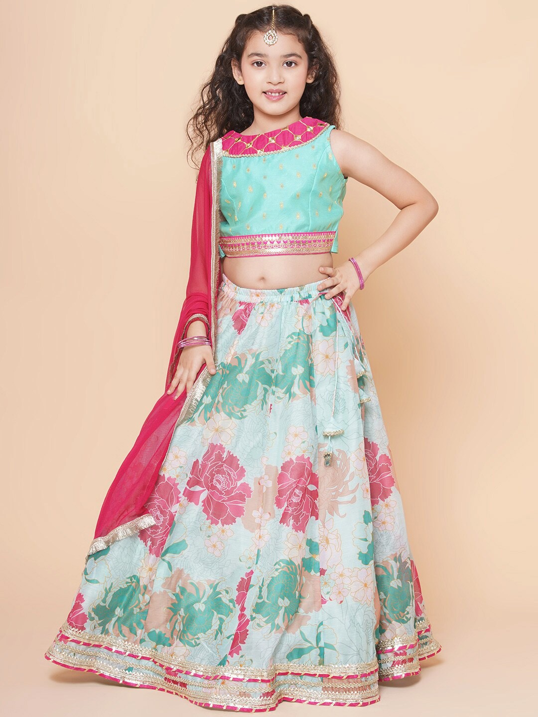 

Bitiya by Bhama Girls Floral Printed Ready to Wear Lehenga & Blouse With Dupatta, Green