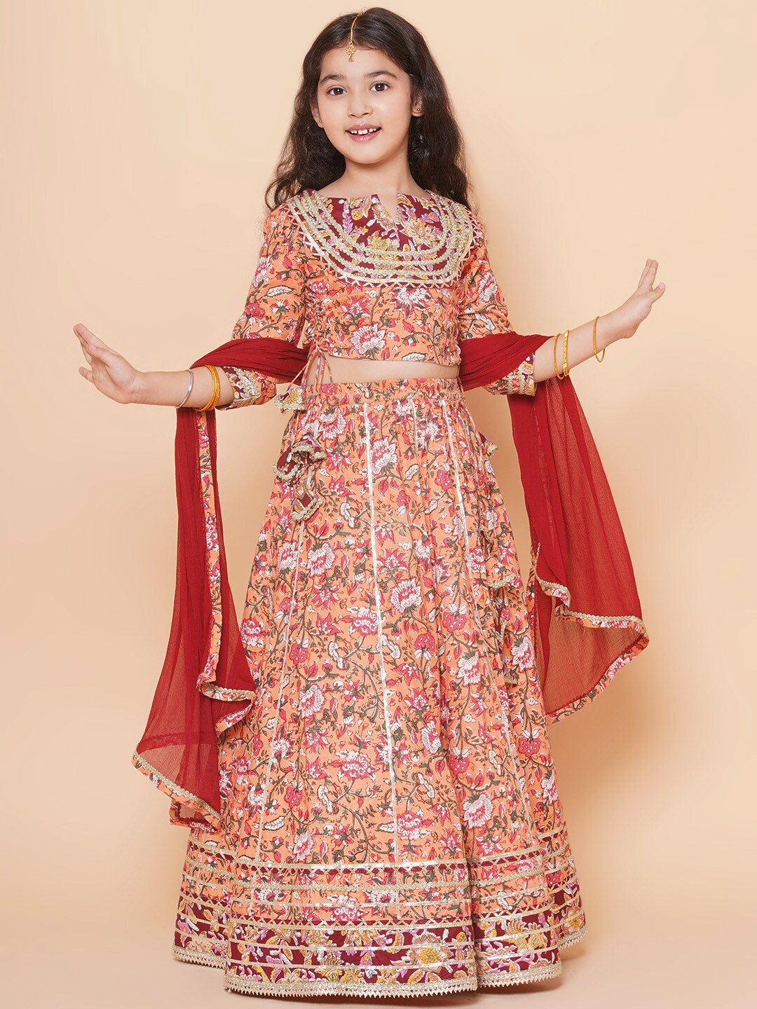 

Bitiya by Bhama Girls Floral Printed Ready to Wear Lehenga & Blouse With Dupatta, Peach