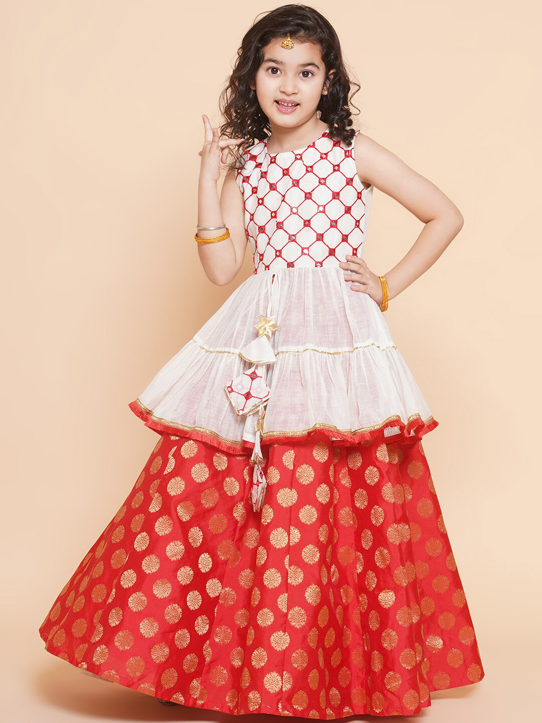 

Bitiya by Bhama Girls Embroidered Mirror Work Ready to Wear Lehenga & Choli, White