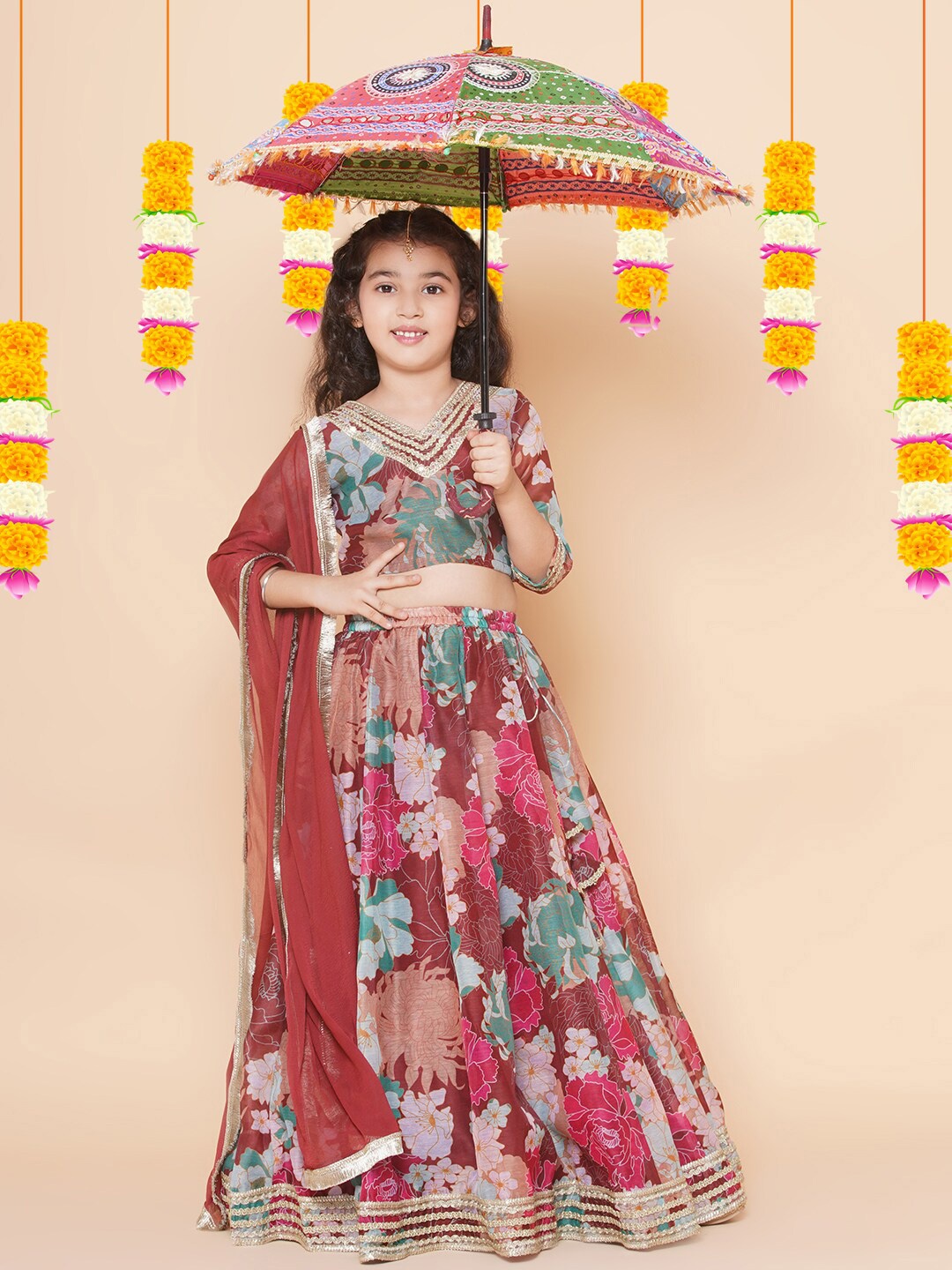 

Bitiya by Bhama Girls Printed Ready to Wear Lehenga & Blouse With Dupatta, Maroon