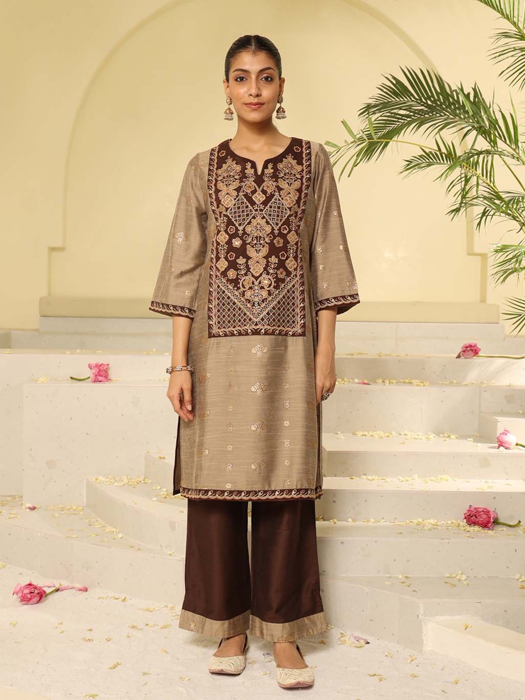 

Lakshita Ethnic Motifs Embroidered Panelled Kurta with Trousers, Brown