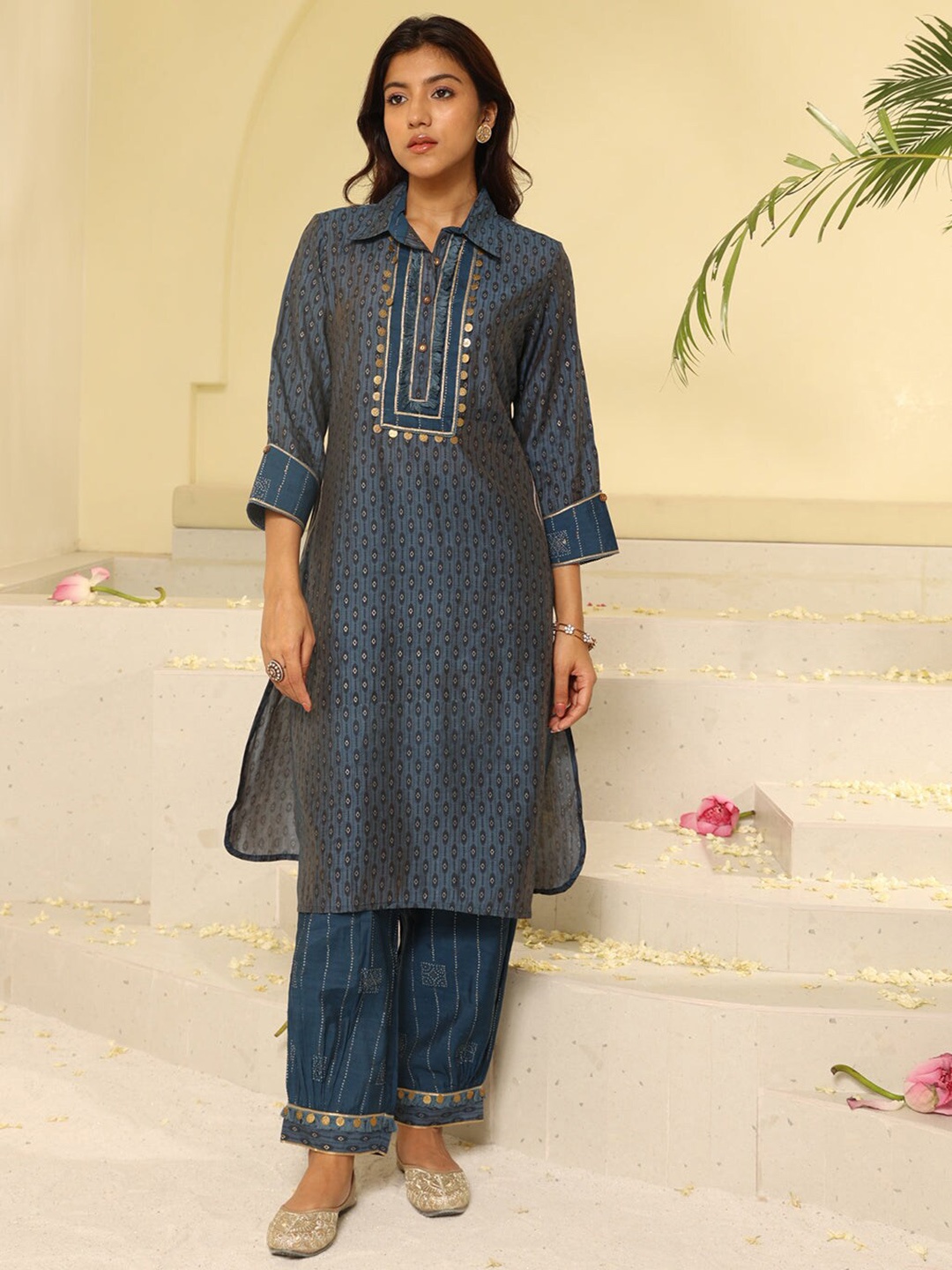 

Lakshita Ethnic Motifs Printed Shirt Collar Kurta With Salwar, Navy blue