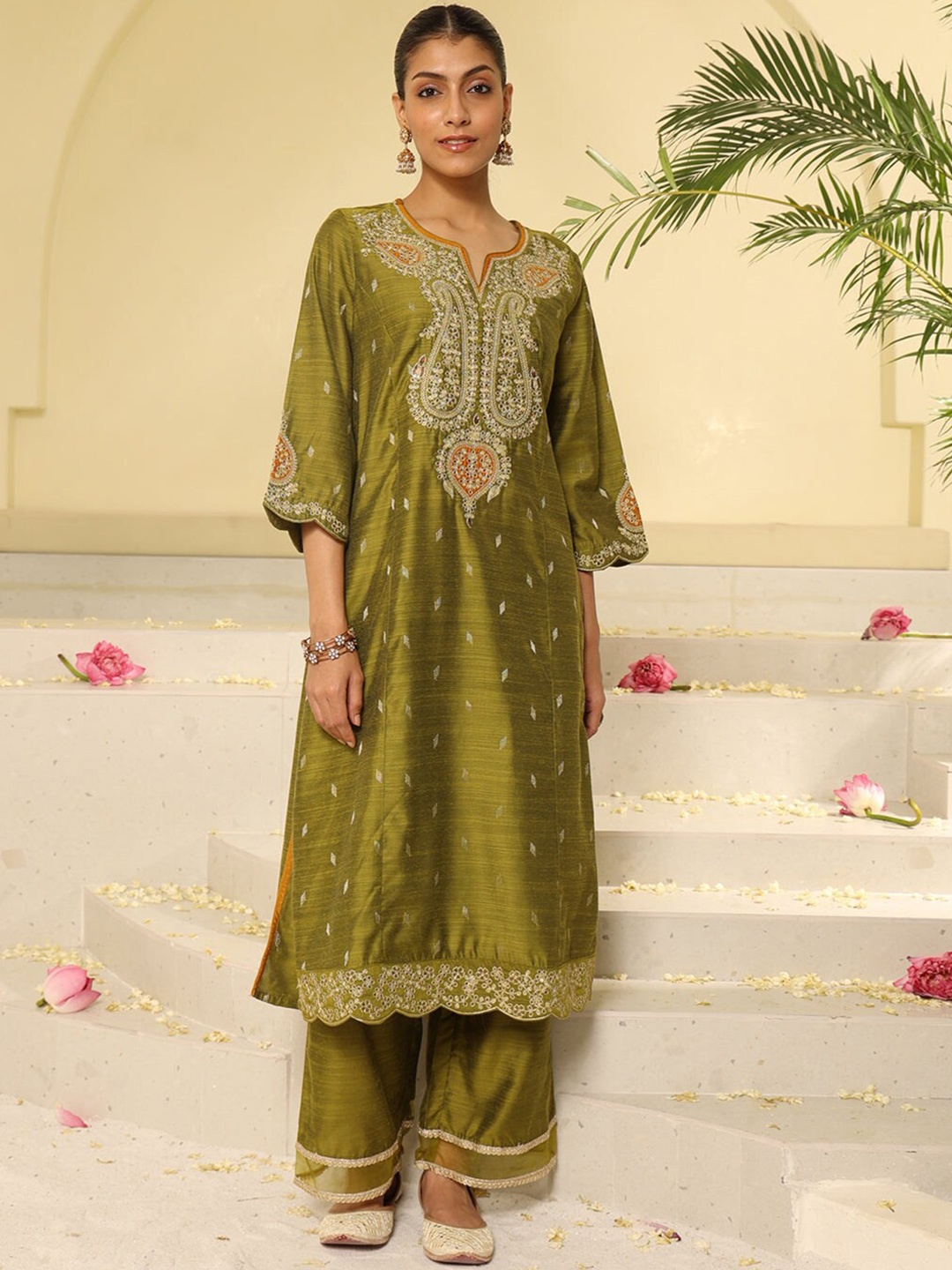

Lakshita Floral Embroidered Kurta With Palazzos & Dupatta, Green