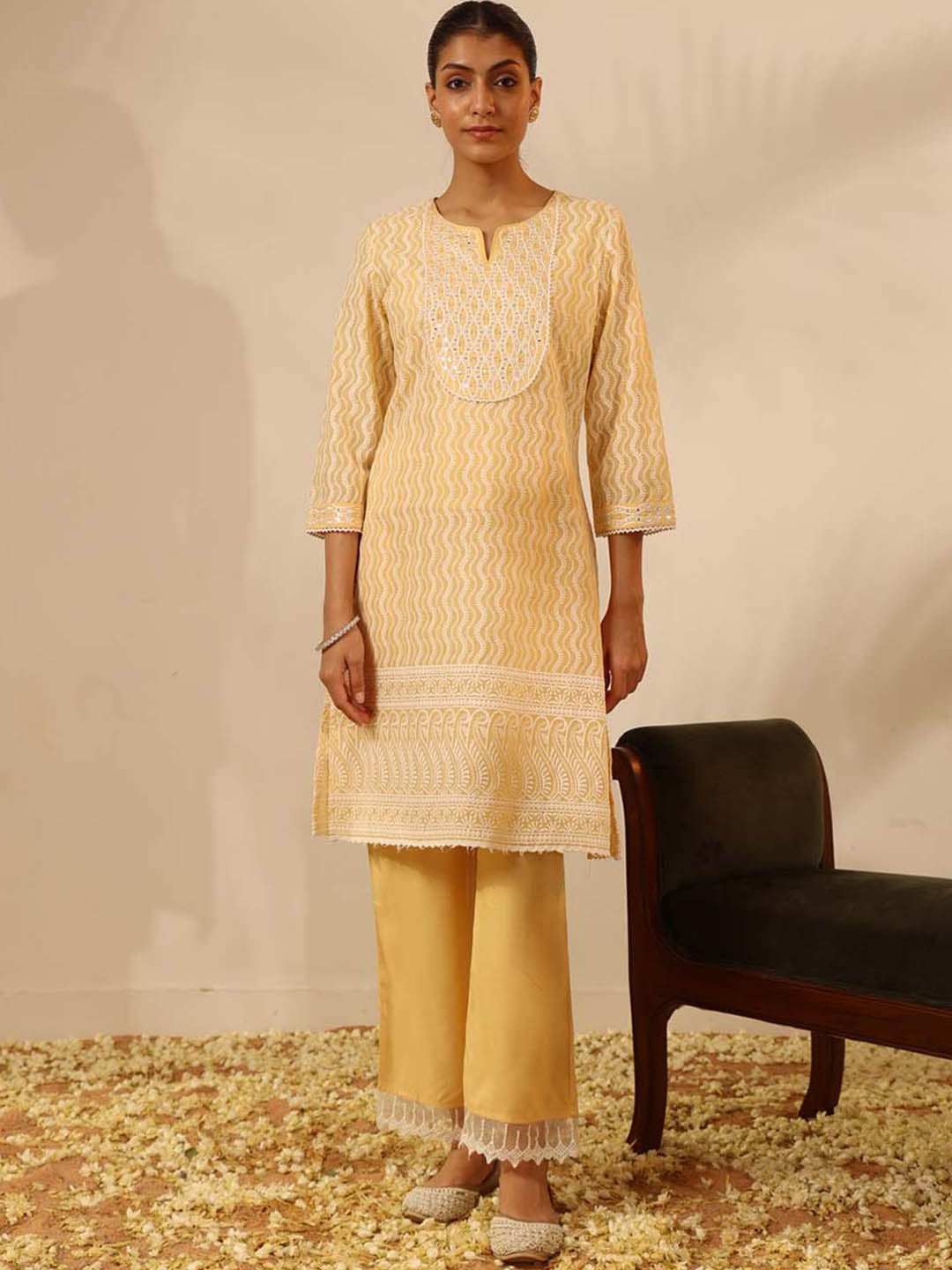 

Lakshita Ethnic Motifs Embroidered Mirror Work Kurta With Trousers, Yellow